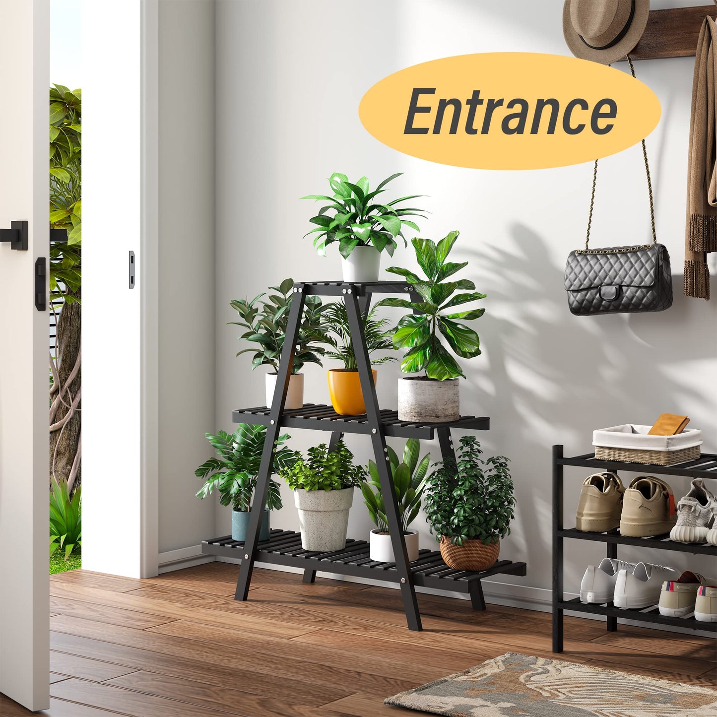 Plant Stand Indoor, Outdoor bamboo Plant Stands for Multiple Plants, 3 Tier 8 Potted Flower Holder Ladder Plant Rack,Plant Shelf Ladder Table Plant Pot Stand for Living Room, Patio, Balcony (3-Tier-Black)