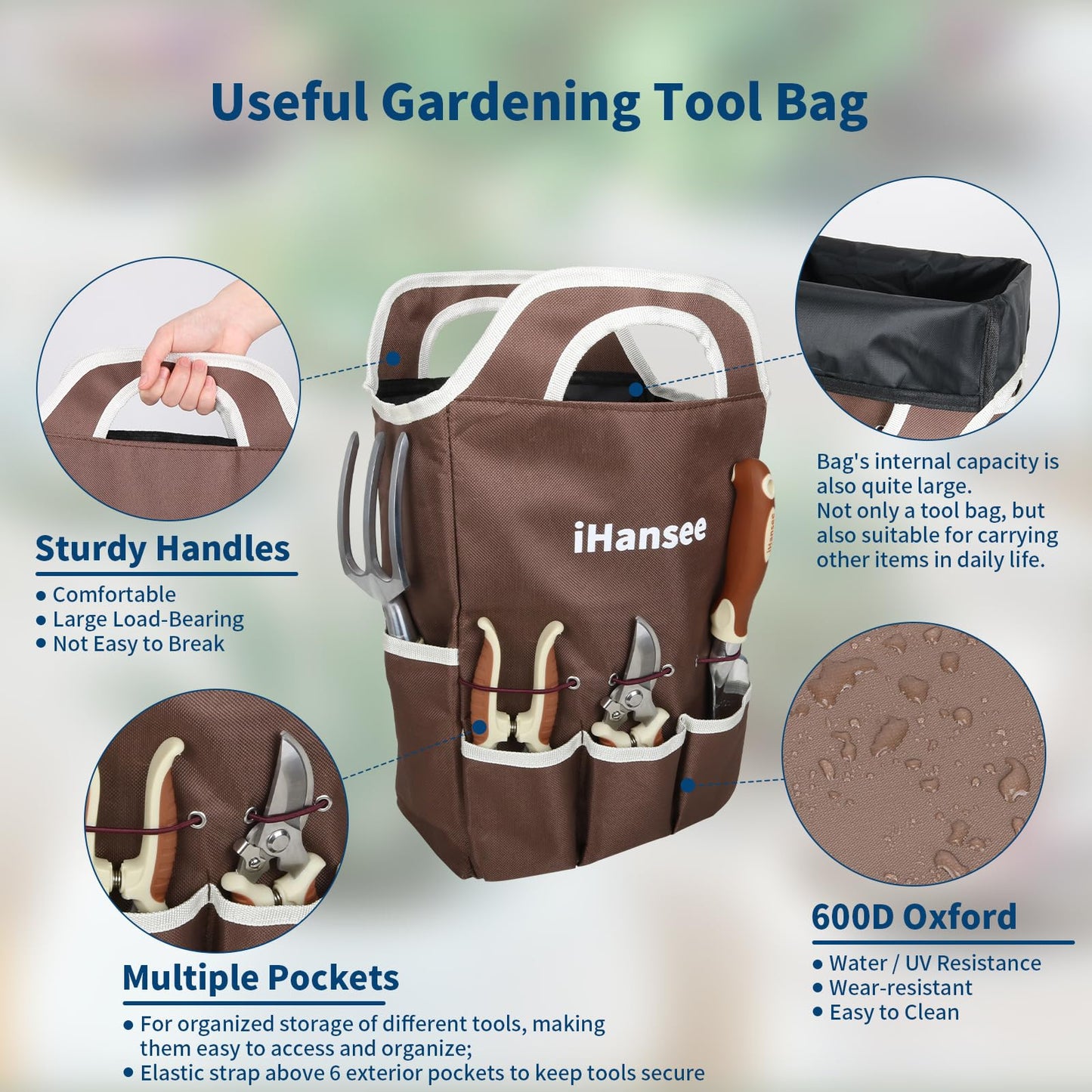 Brown Gardening Tools Set 12-Piece, Heavy Duty Garden Hand Tool Kit with Non-Slip Ergonomic Handle, Storage Tote Bag, Garden Apron, Gloves and Kneeling Pad, Gardening Gifts for Women Men Plant Lover