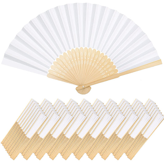 70 Pieces White Paper Hand Held Fan Bamboo Paper Folding Fans for Weddings Foldable Wood Wedding Fans for Guest Bridal Shower Dancing Party DIY Craft Photo Props Wall Decoration