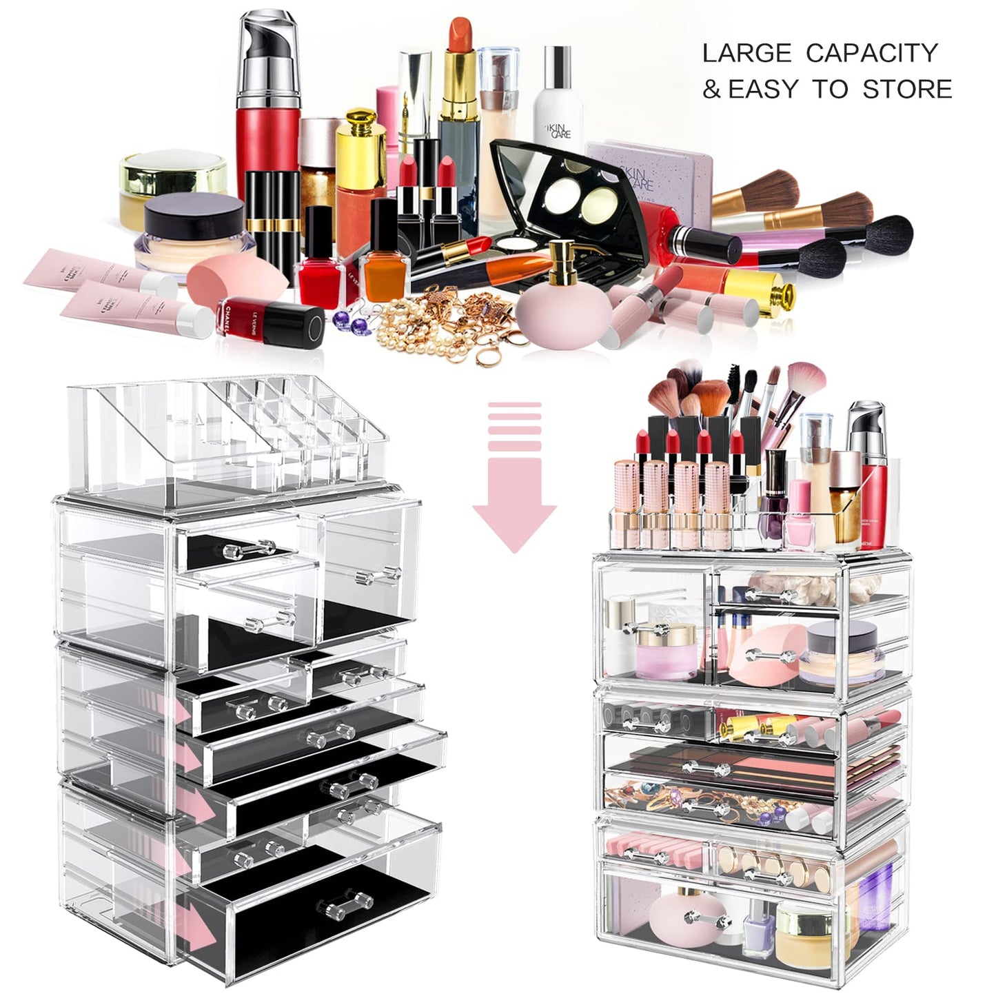 DILIBRA Acrylic Makeup Organizer, Stackable Clear Cosmetic Display Case with 10 Drawers, Large Skin Care Storage Organizer Display Box for Jewelry Hair Accessories Vanity Bathroom Counter Dresser