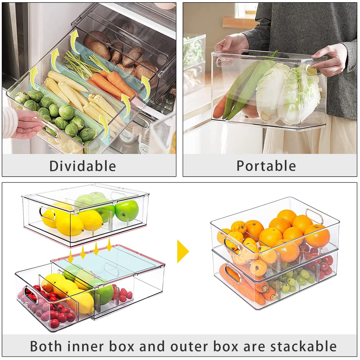 MineSign 4Pack Stackable Fridge Drawers Pull-out Storage Bins with Handle Clear Food Container for Refrigerator Plastic Dresser Organizer Fruit&Veggie Keeper for Freezer Cabinet Kitchen Organization