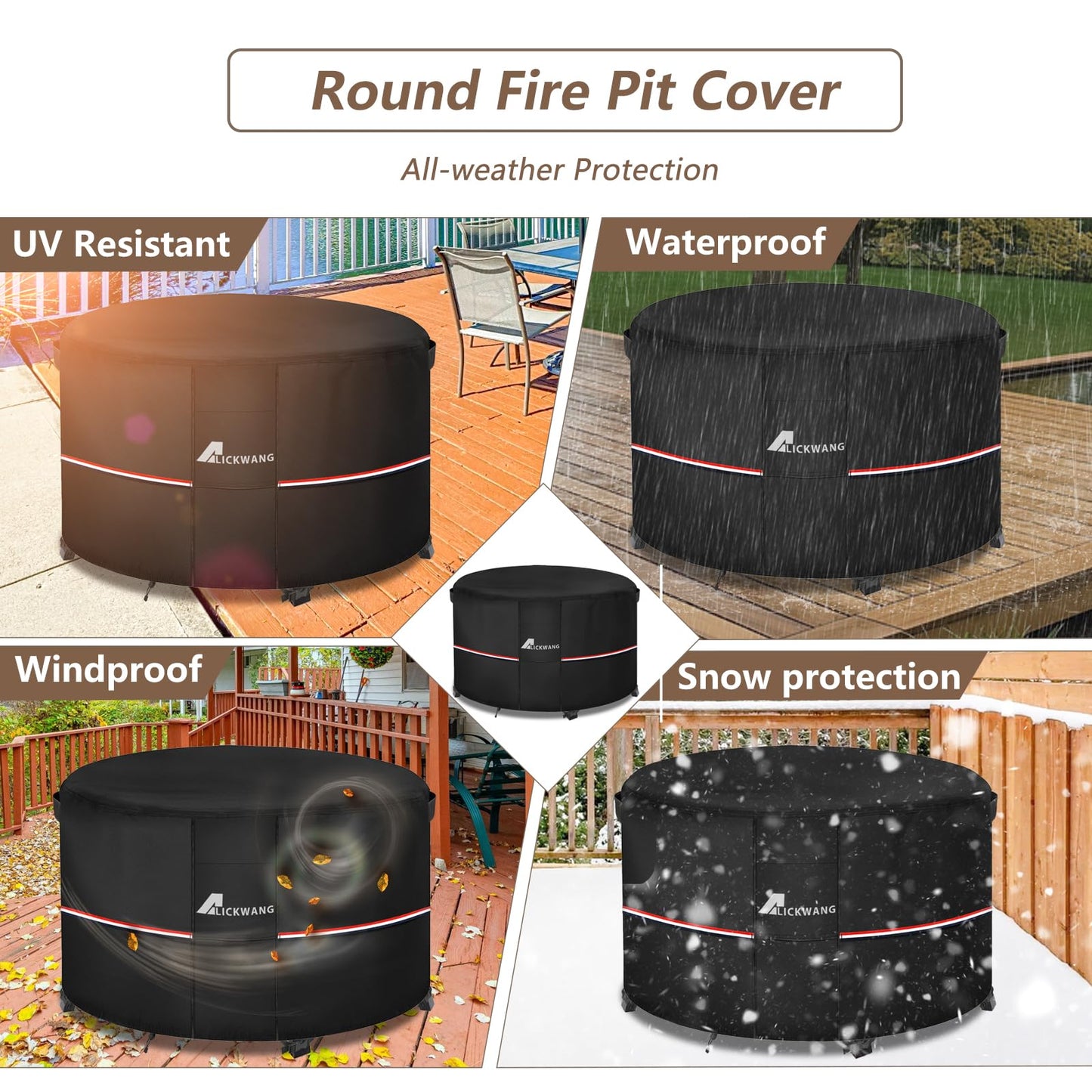 Alickwang Fire Pit Cover Round 36 Inch Waterproof,Outdoor Heavy Duty Durable 600D Tear-Resistant Fire Pit Table Cover,Patio Round Firepit Cover 36" D x 24" H, Black