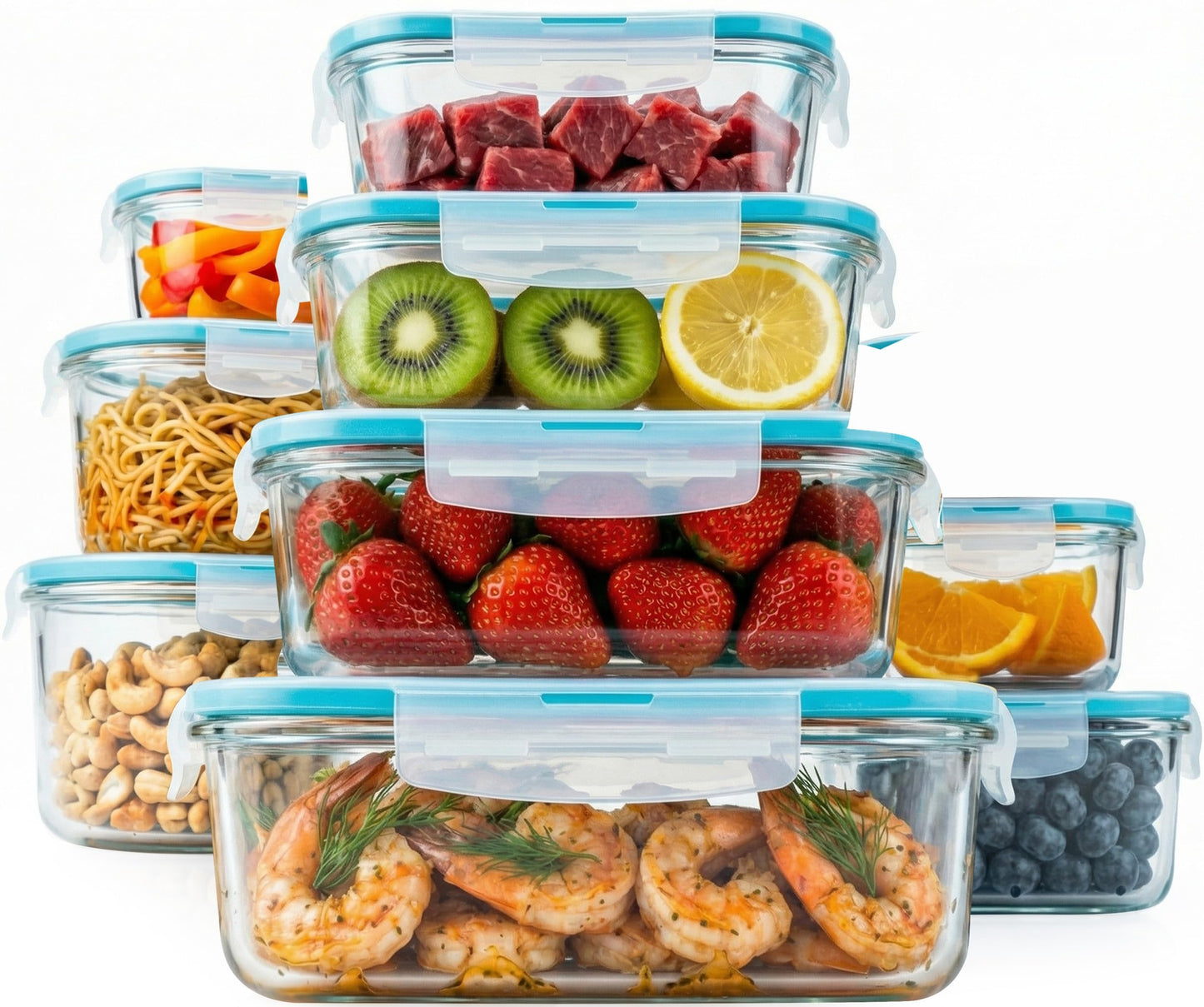 KICHLY 9 Pack Glass Container Food Storage with Airtight Lids, Leakproof Lunch Boxes, BPA-Free, Large, Small and Round Meal Prep Glass Storage Containers, Microwave Safe