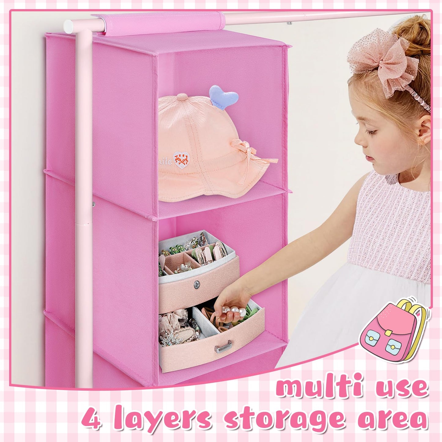 Univivi 43 inch Kids Clothing Rack with Hanging Organizer,Toddler Dress Up Storage Rack for Baby Clothes,Dance Costumes,Kids Wardrobe Closet for Hanging Clothes,Pink/Pink