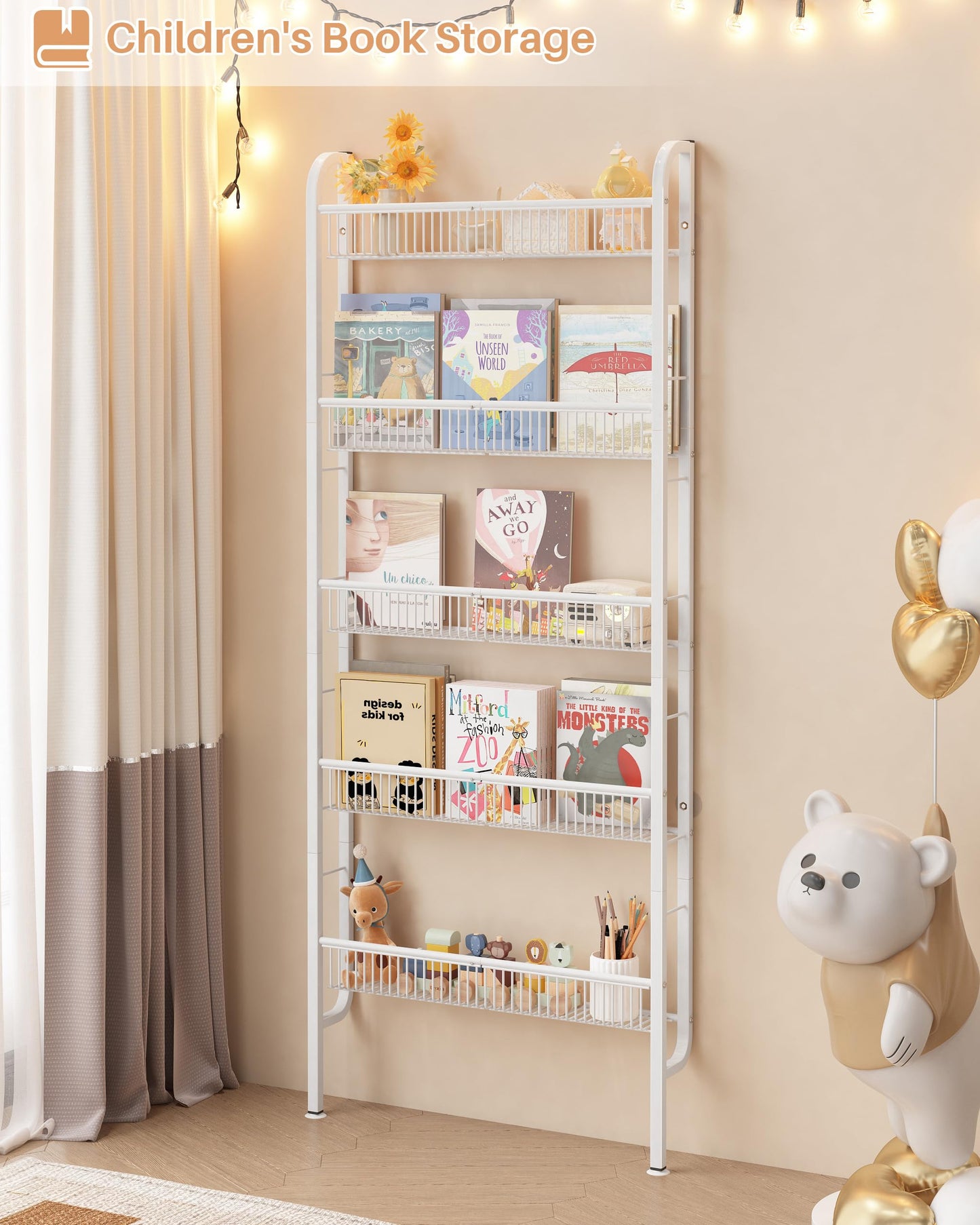 UMDONX Narrow Metal Storage Shelf Behind Door Organizer 5 Tier, Bookshelf Bookcase Book Rack Bathroom Shelving Unit Multifunctional (White 62x9x160cm)