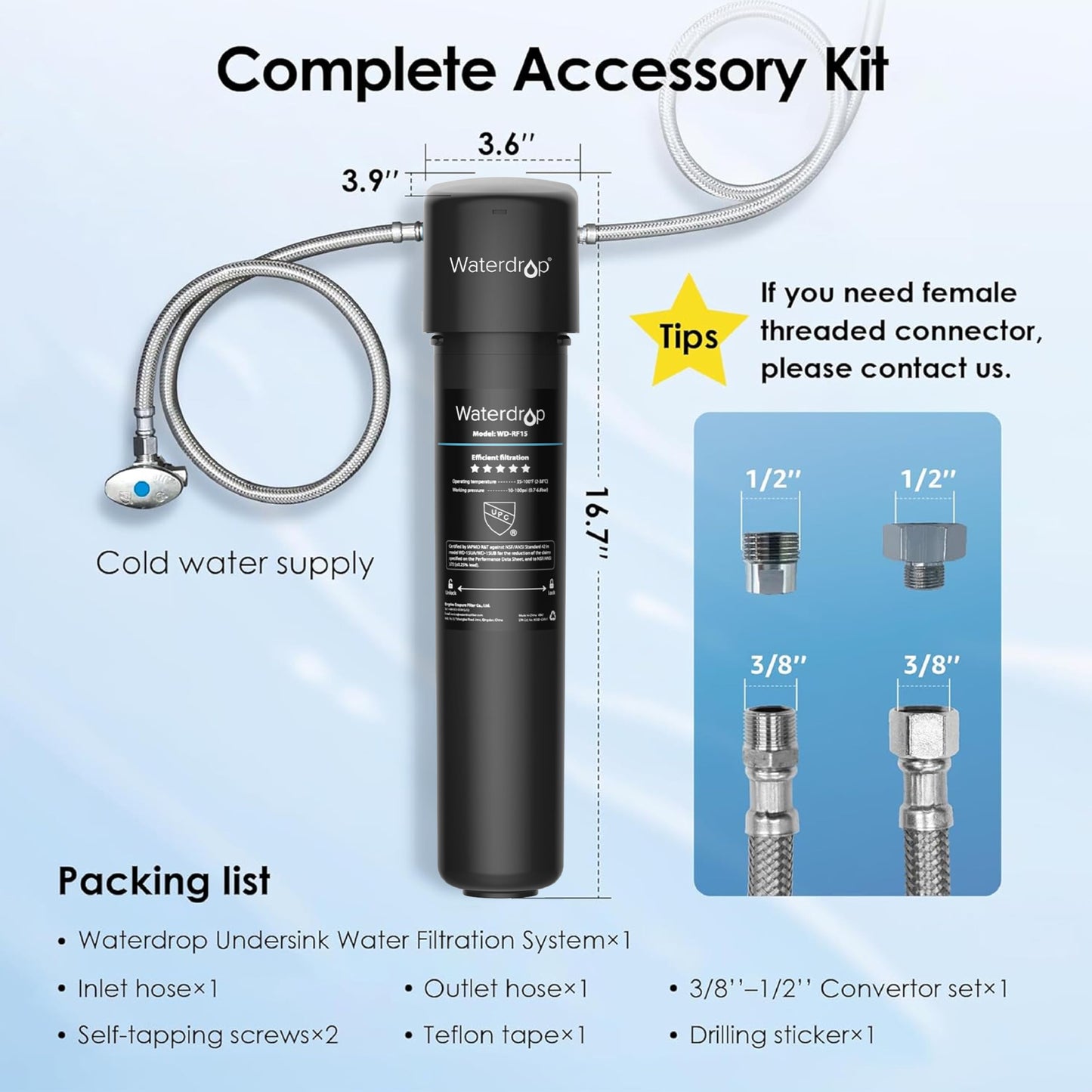 Waterdrop 15UA Under Sink Water Filter System, Reduces Lead, Chlorine, Bad Taste & Odor, Under Counter Water Filter Direct Connect to Kitchen Faucet, NSF/ANSI 42 Certified, 19000 Gallons, USA Tech