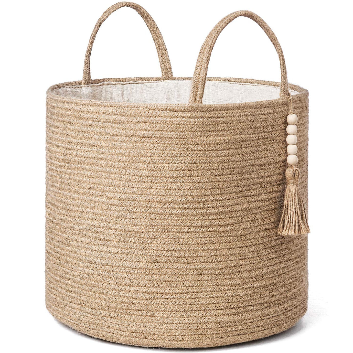 Mkono Woven Storage Basket Decorative Natural Rope Basket Wooden Bead Decoration for Blankets,Toys,Clothes,Shoes,Plant Organizer Bin with Handles Living Room Home Decor, Jute, 16" W × 13.8" L