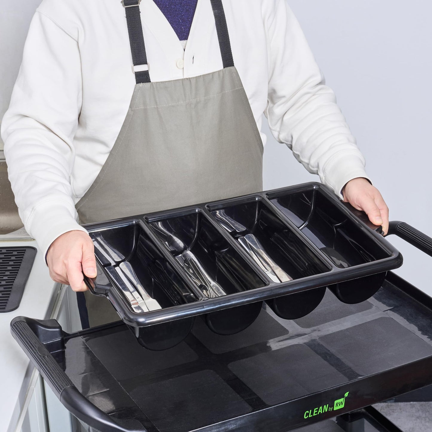 Restaurantware-21.9 x 14.2 x 3.5 Inch Silverware Organizer, 1 Crack-Resistant Cutlery Tray - 4 Compartments, Built-in Handles, Black Plastic Utensils Drawer Holder, for Kitchen Organization