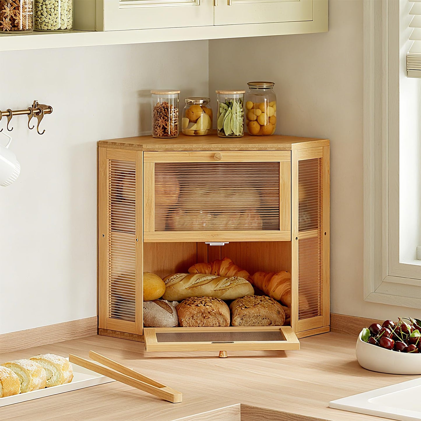 WOWLIVE Corner Bread Box for Kitchen Countertop, Double Layer Bamboo Bread Storage Container, Large Farmhouse Bread box with Acrylic Wavy Door Panel, Under Cabinet Organizer (Natural, Medium)