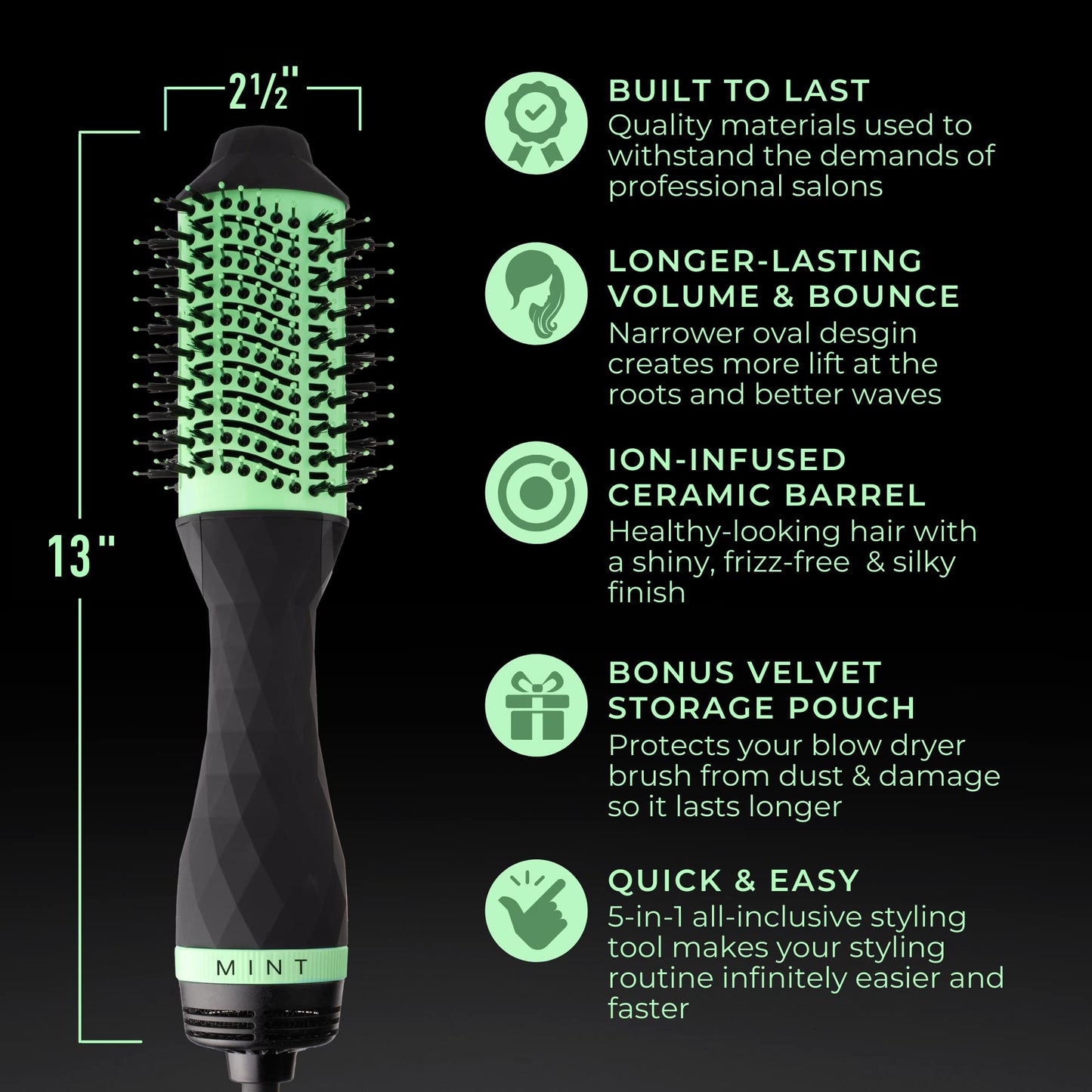 Professional Series 5-in-1 Blow Dryer Brush Hair Styler by MINT | Powerful Frizz-Eliminating Ionic Hair Dryer Brush | Blowout Brush Straightens & Smooths | Hot Air Brush Volumizer for Fine/Thick Hair