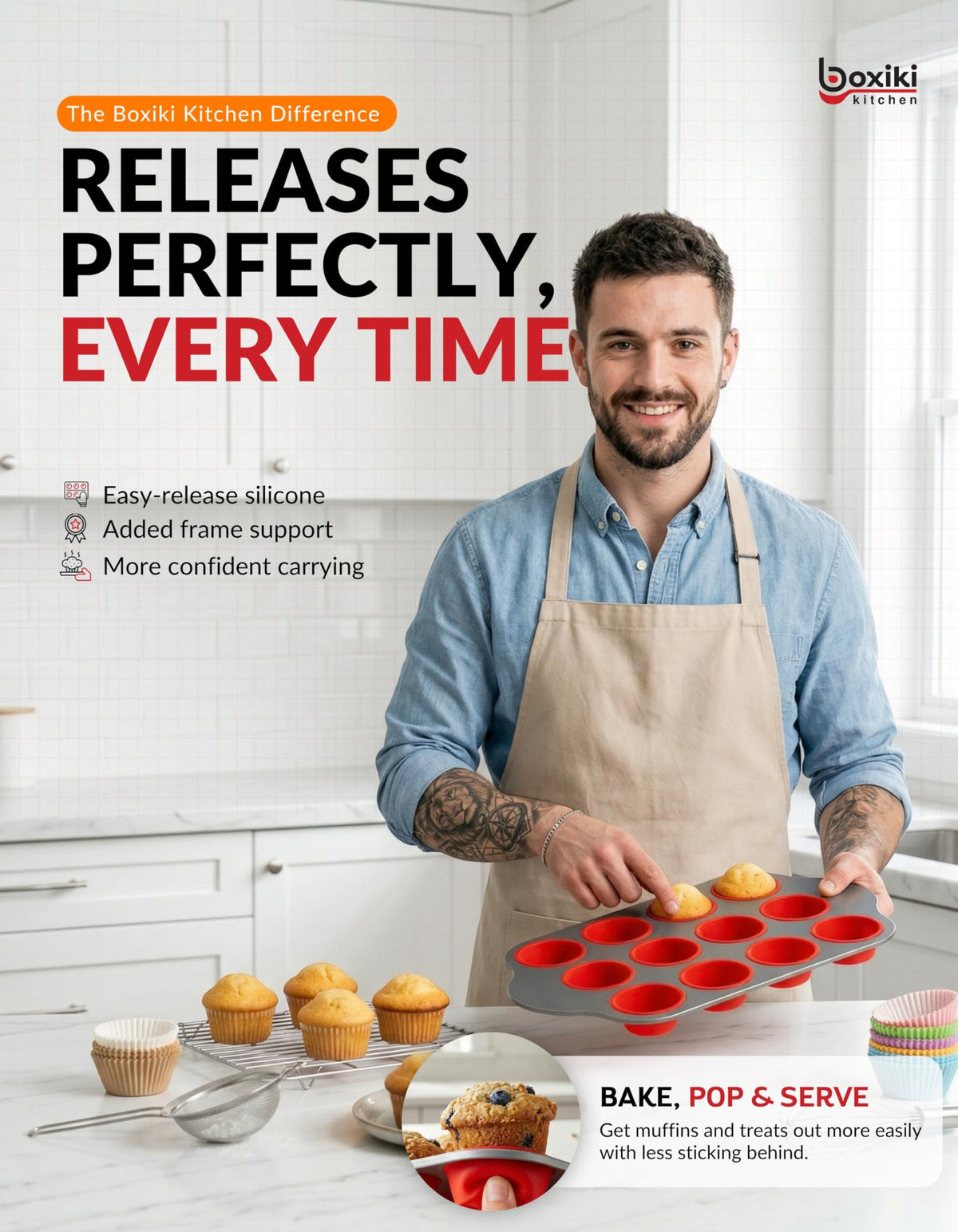 Non-Stick 12 Cup Silicone Muffin Pan with Steel Frame - BPA Free Non-Toxic Cupcake Pan with Easy-Release Textured Surface, Ergonomic Handles, Oven Freezer and Dishwasher Safe Bakeware