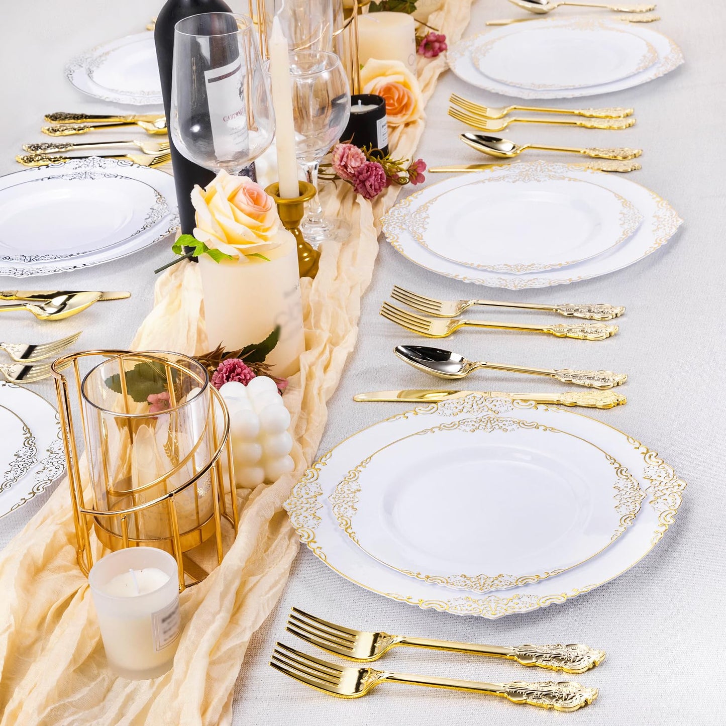 Goodluck 100 PCS White and Gold Plastic Plates for 50 Guests, Gold Disposable Plates Include 50 PCS Dinner Plates, 50 PCS Dessert Plates for Party, Wedding and Graduation