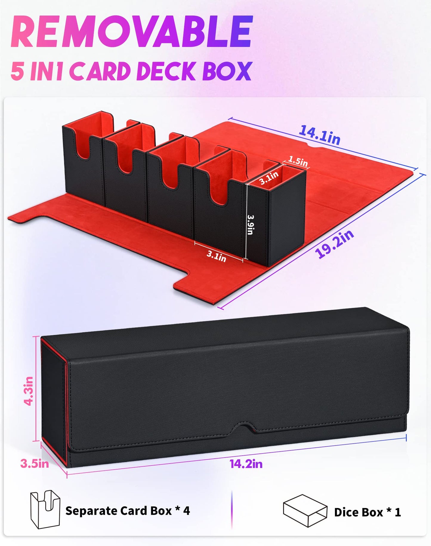 Card Deck Box with Dice Tray for MTG, 5 in 1 Deck Case Holds 800+ Unsleeved Cards, Strong Magnet Card Organizer Compatible with Yugioh TCG Sports Cards (Black&Red)
