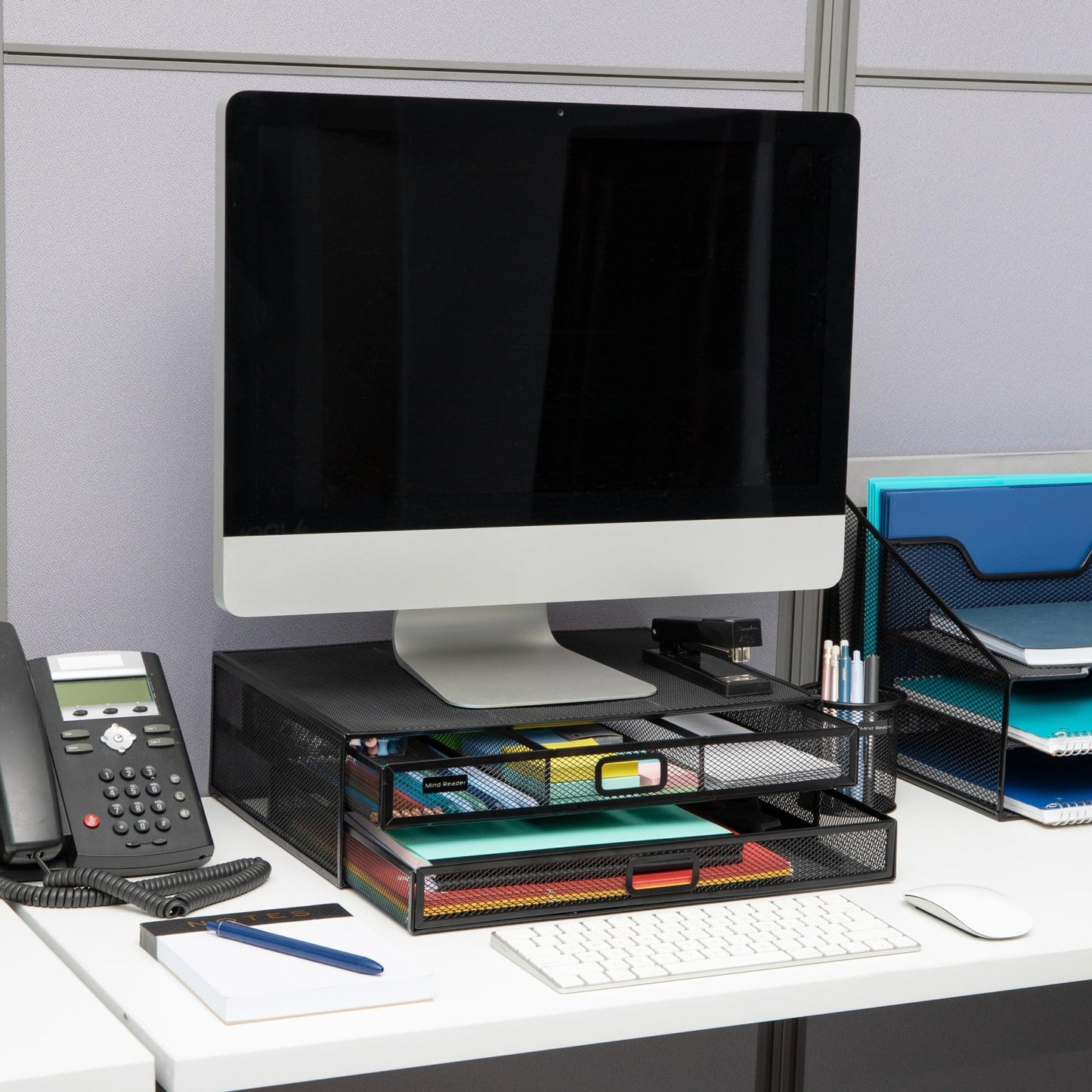 Mind Reader 2TDMESHY-BLK Metal Monitor Stand Riser with 2 Drawers, Desk Organizer, Holds PC, Laptop, Notebook, Printer and More, Black, 11.5 x 15.75 x 4.75