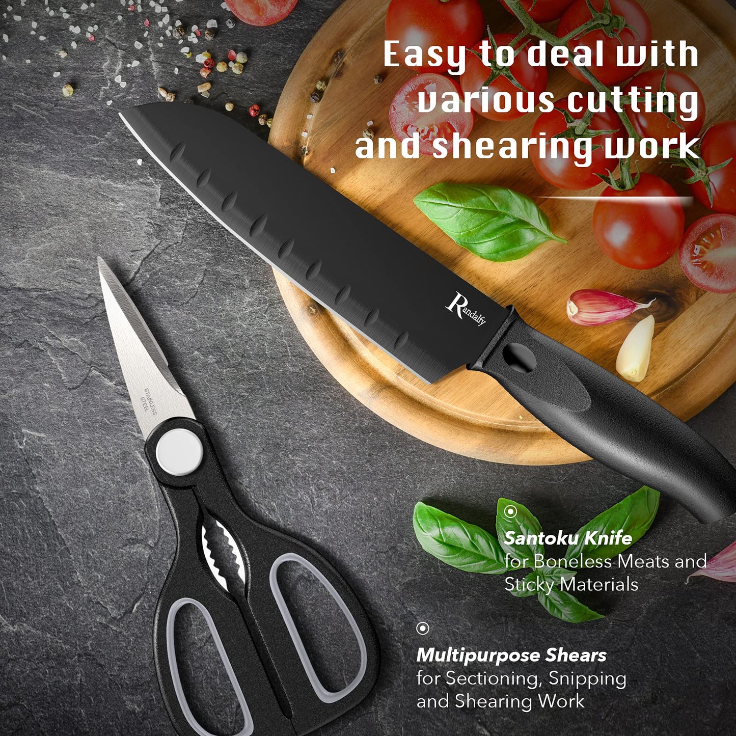 Randalfy Kitchen Knife Set with Block, 7 Pieces Chef Knife Set with Knives, Scissor, Block for Meat/Vegetables/Fruits Chopping, Slicing, Dicing&Cutting, Black