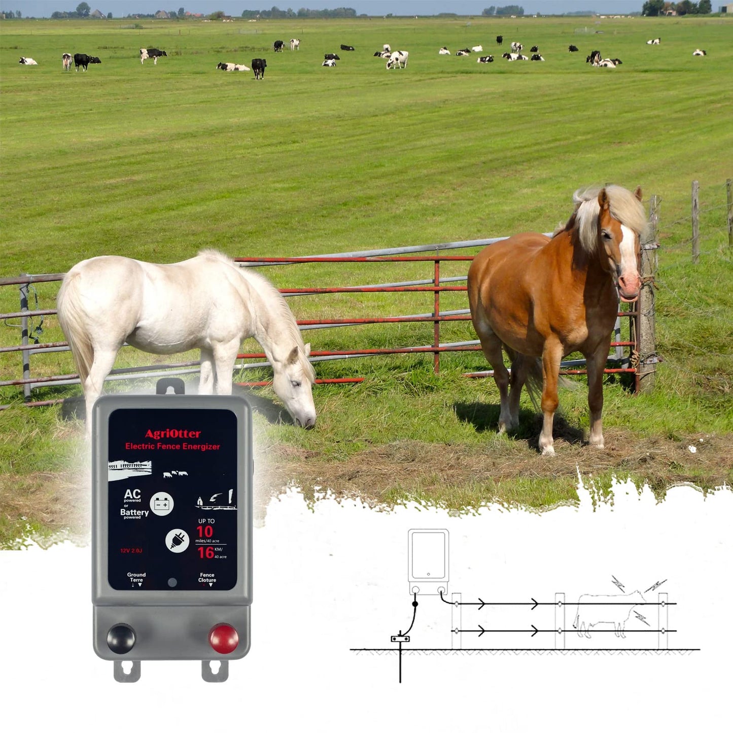 AgriOtter Electric Fence Energizer 40 Acre 2 in 1 Powered by Battery or AC Outlet 12000V 2J Pulse Electric