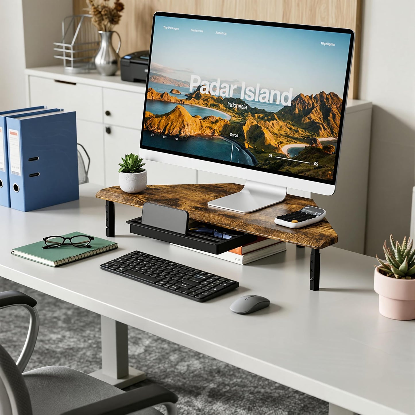 ETHU Triangle Monitor Stand Riser with Drawer - Adjustable Height Corner Riser for PC/Laptop, Ergonomic Desktop Computer Stand, Supports 44.09 LBS, Walnut