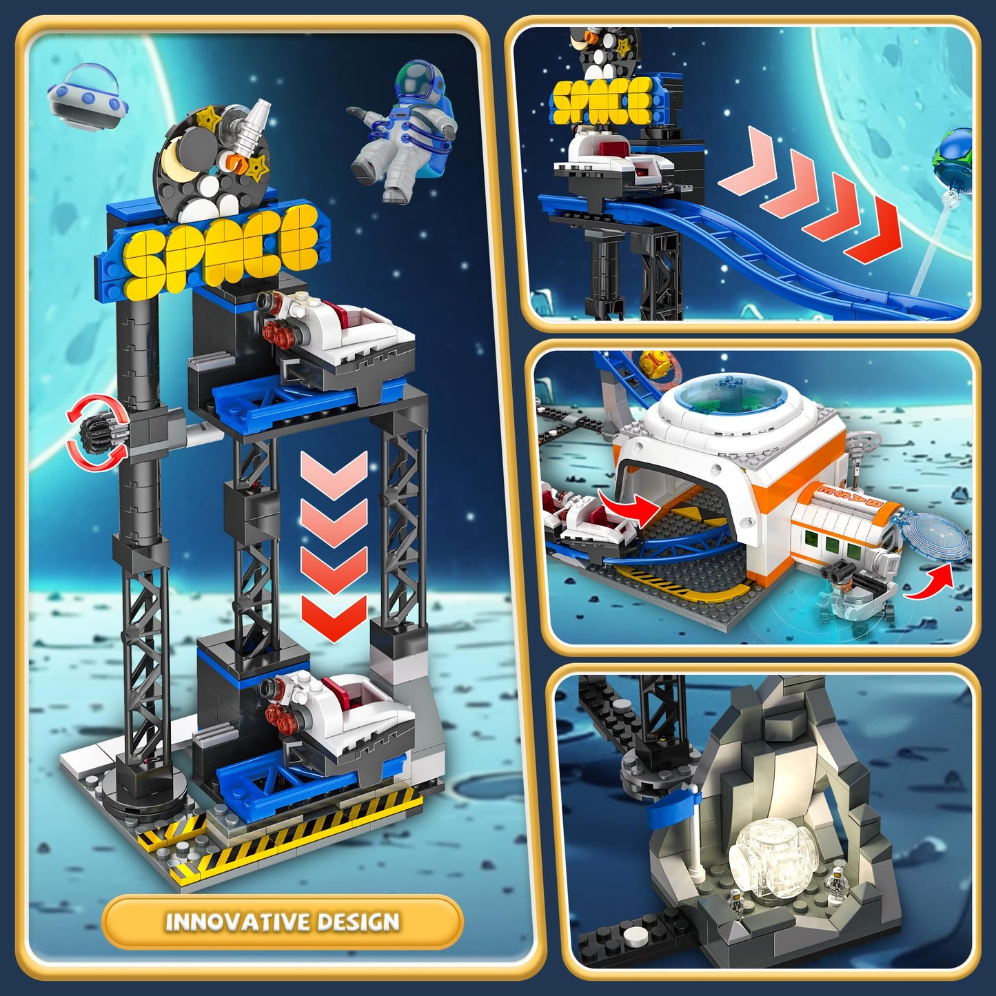 Space Roller Coaster Building Set for Boys 12-14, City Amusement Park Block Featuring Lift Platform, Satellites, Rocket for Kids Ages 12+, 1288Pcs