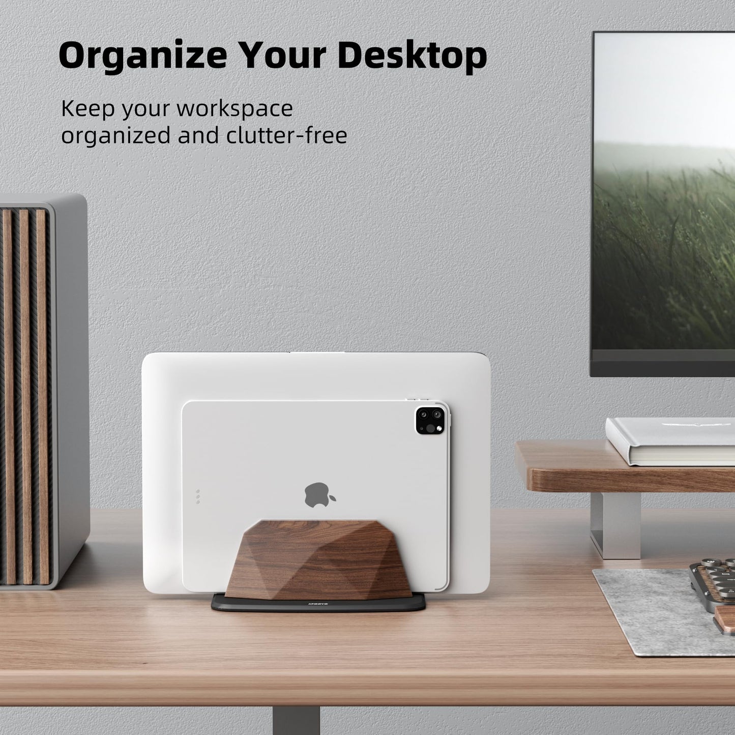 AFOOYO Vertical Laptop Stand - Dual Slots Walnut Adjustable Laptop Holder,Desktop Dock Compatible with All MacBook, Surface,Chromebook,Dell & More(Walnut)