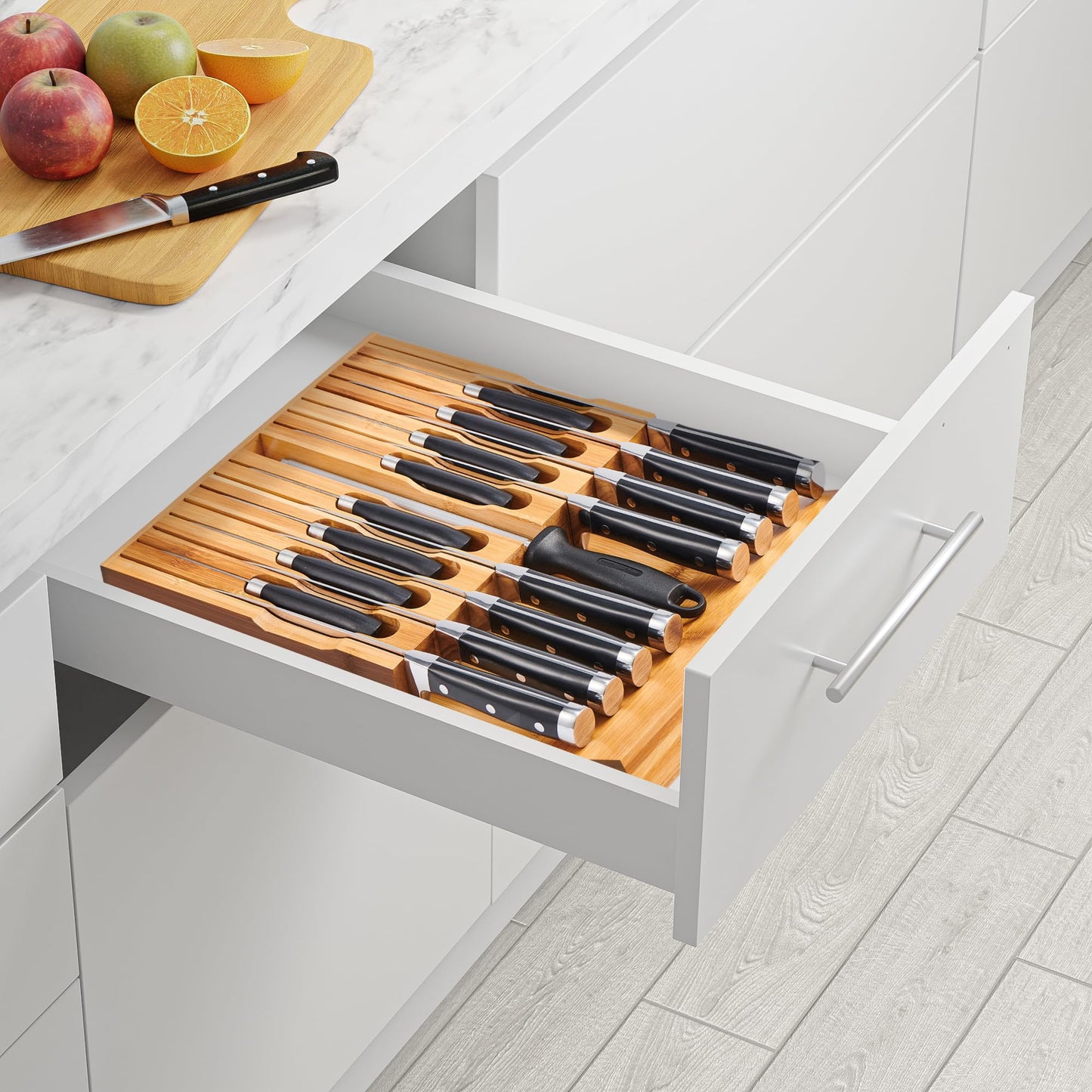 VaeFae Bamboo Knife Drawer Organizer, Knife Drawer Organizer Insert, Kitchen Drawer Knife Block for 16 Knives and a Plus Slot for Your Knife Sharpener (Without Knives)