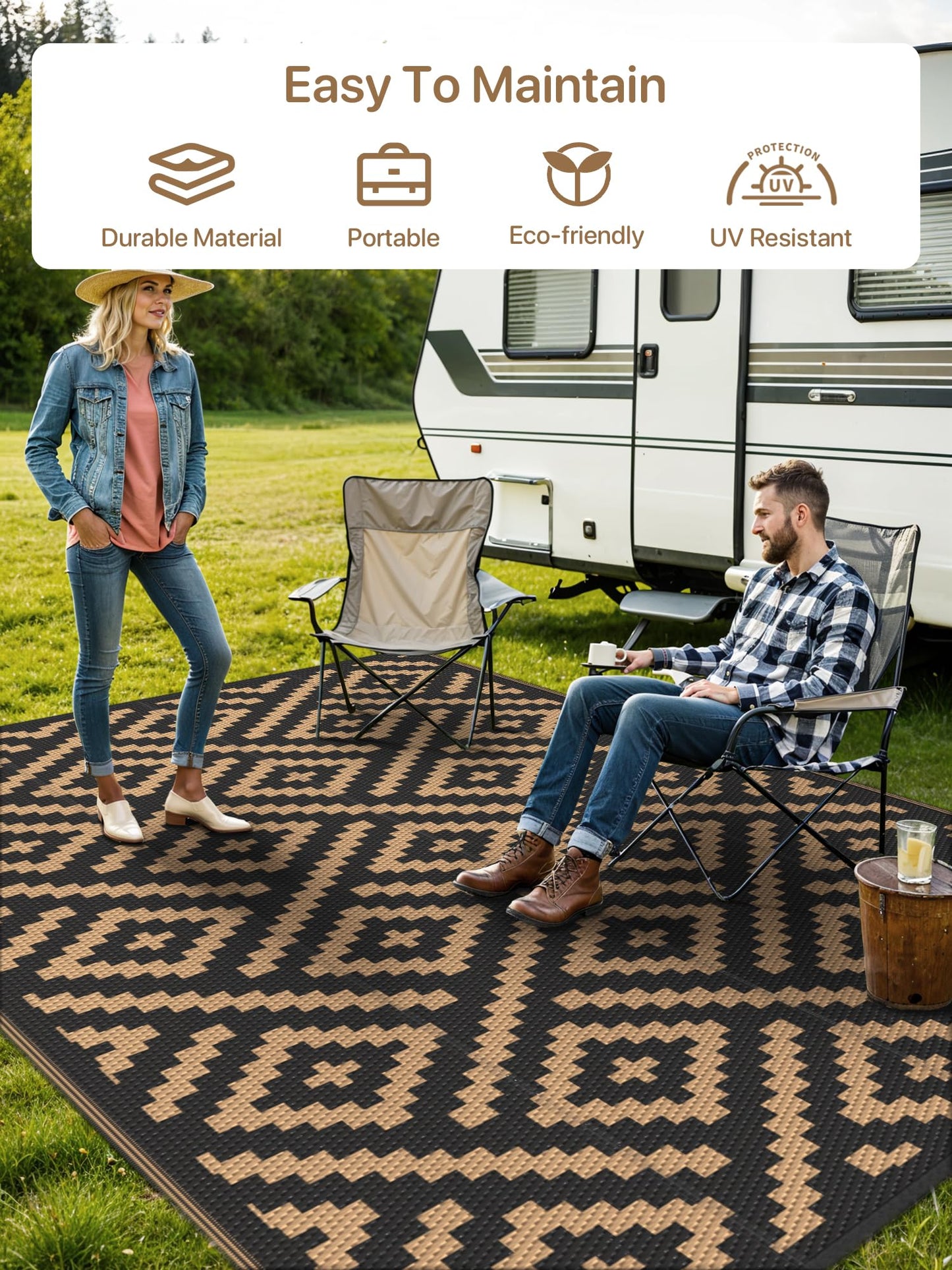 GENIMO 5'x8' Outdoor Rug Waterproof, Reversible Camping Mat, Plastic Straw Rugs for Patio, RV, Camper, Balcony, Backyard, Picnic, Deck (Black & Brown)