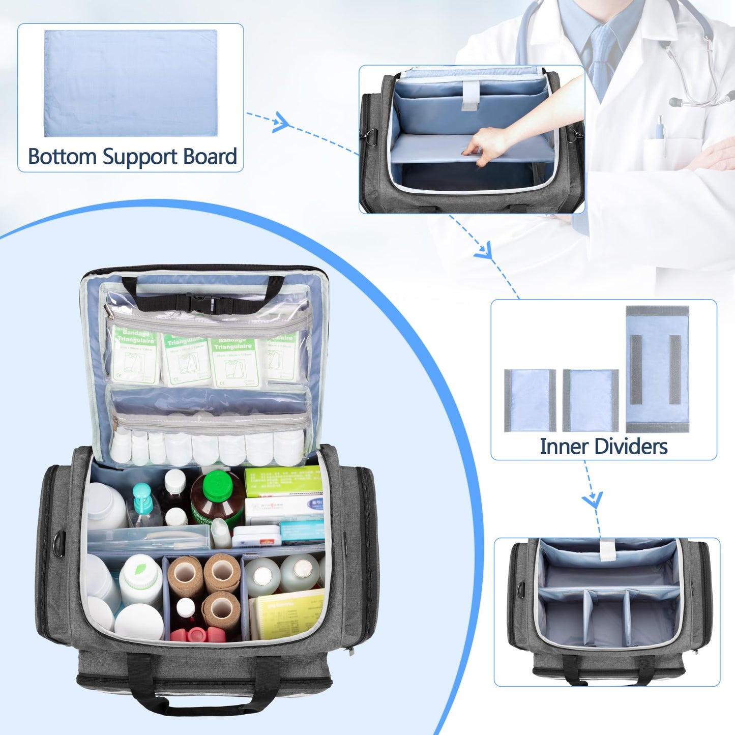 Damero Rolling Medical Bag with Detachable Trolley, Medical Bag on Wheels with Dividers, Medical Equipment Storage Bag for Home Health Nurses, Doctors, EMT, EMS, Gray