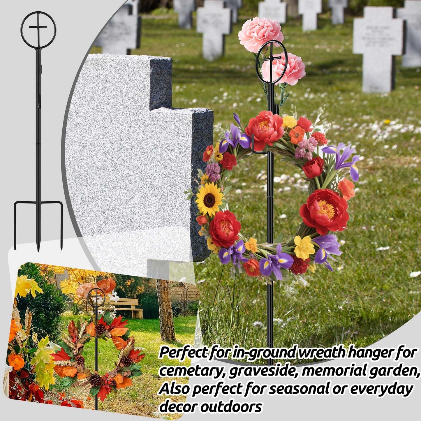 36" Black Metal Wreath Stake with Cross 3 Pronged Wreath Stake Heavy Duty Decoration Stand in Ground Cemetery Grave Wreath Holder for Cemetery, Graveside, Memorial Garden, Weddings (2 Pack)