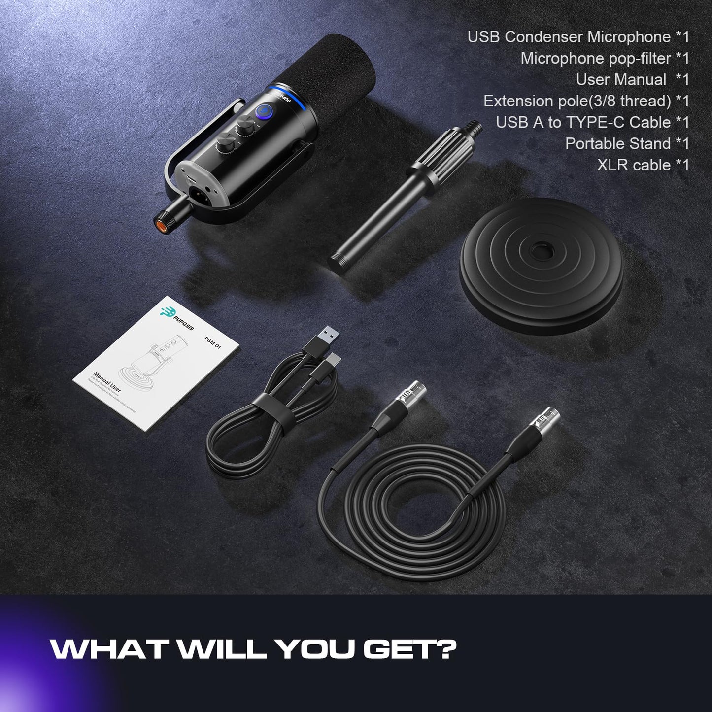 PUPGSIS USB/XLR Dynamic Microphone, 24Bit/96kHz Studio Recording, Gaming Mic with RGB, Mute, Noise Cancellation & Headphone Jack for PC, Podcast, Streaming, Singing (Black)