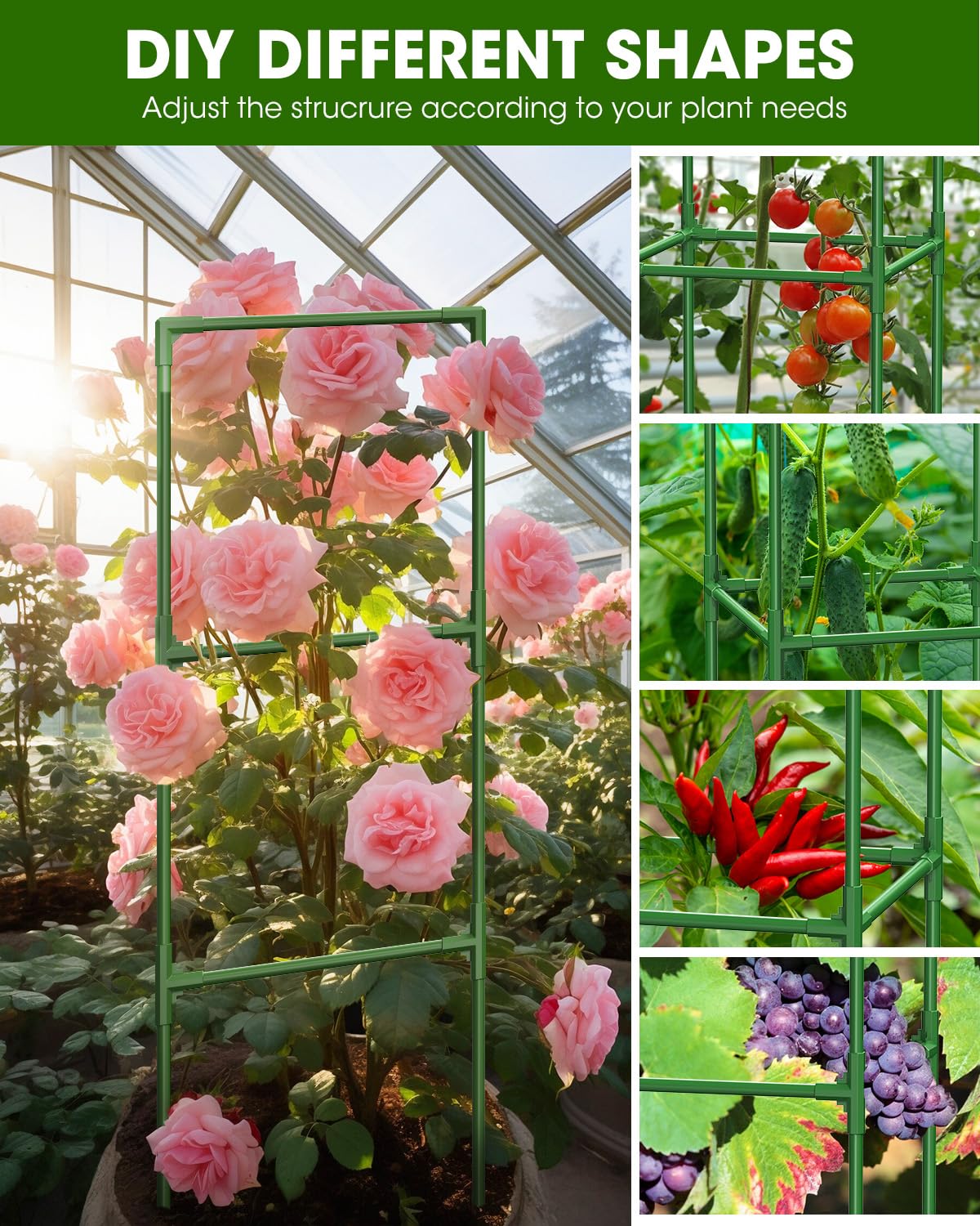 MYMULIKE Tomato Cage for Garden, 47.3 * 16.5 * 16.5in Extra Large Tomato Plant Support Stakes, 3 Pack Heavy Duty Garden Plant Trellis for Climbing Vegetables Flowers Fruits with 10 PCS Clips