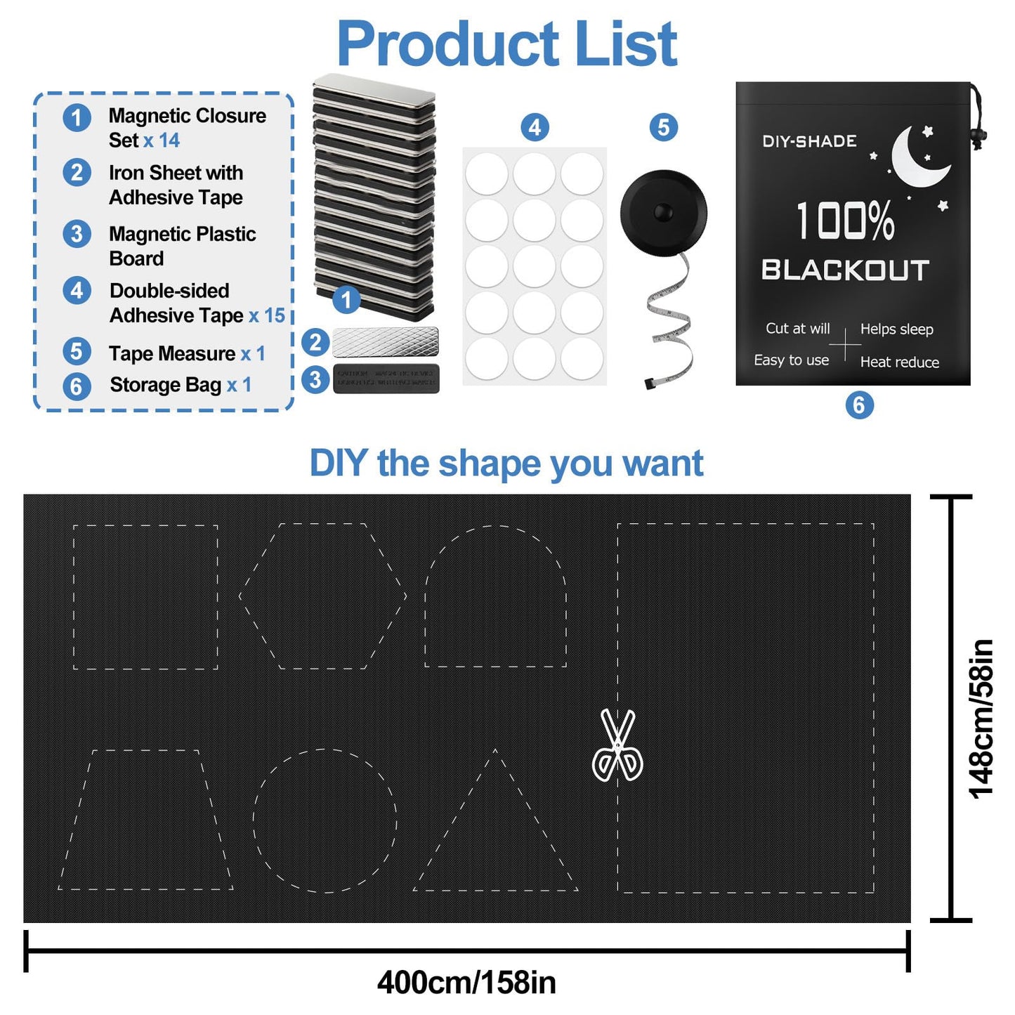 100% Magnetic Blackout Blinds 400 x 148 cm, Portable Black Out Shades Blackout Curtains for Bedroom, Media Room, Nursary, RV, Black Out Window Cover No Drill with Strong Magnets