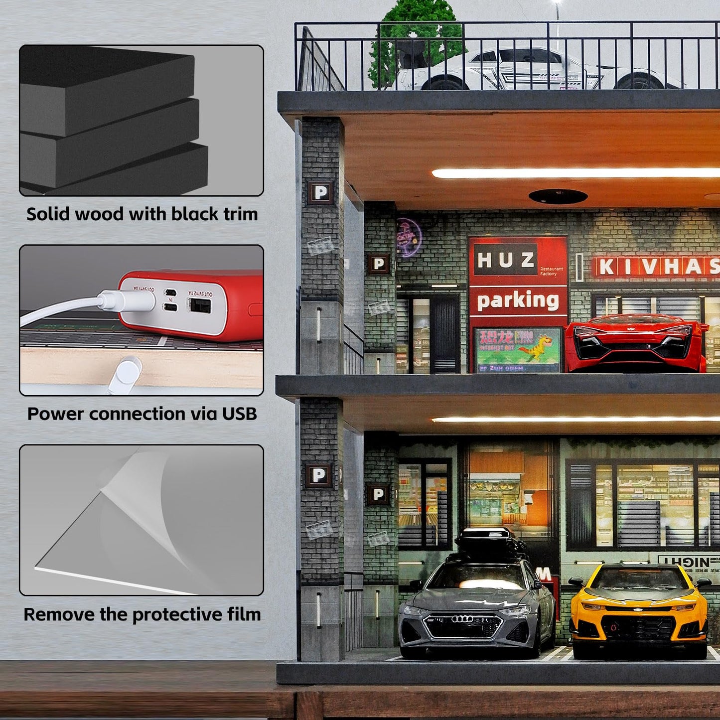kivcmds Model Car Display Case 1:24 Scale Diecast Cars Diorama Garage Parking lot Collectibles Alloy Car Model Showcase Box Dustproof Storage Shelf with Lights
