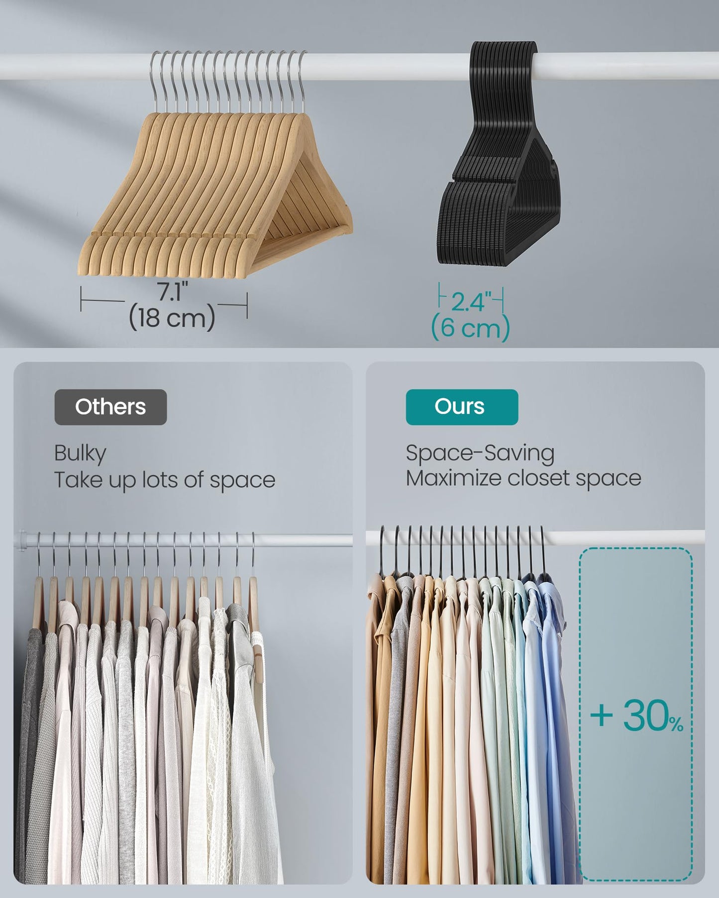 SONGMICS Clothes Hangers, Pack of 50, Plastic Hangers, with Wide Shoulder Notches, Space-Saving Coat Hangers, 16.4 Inches Wide, for Closet, Ink Black UCRP010B01