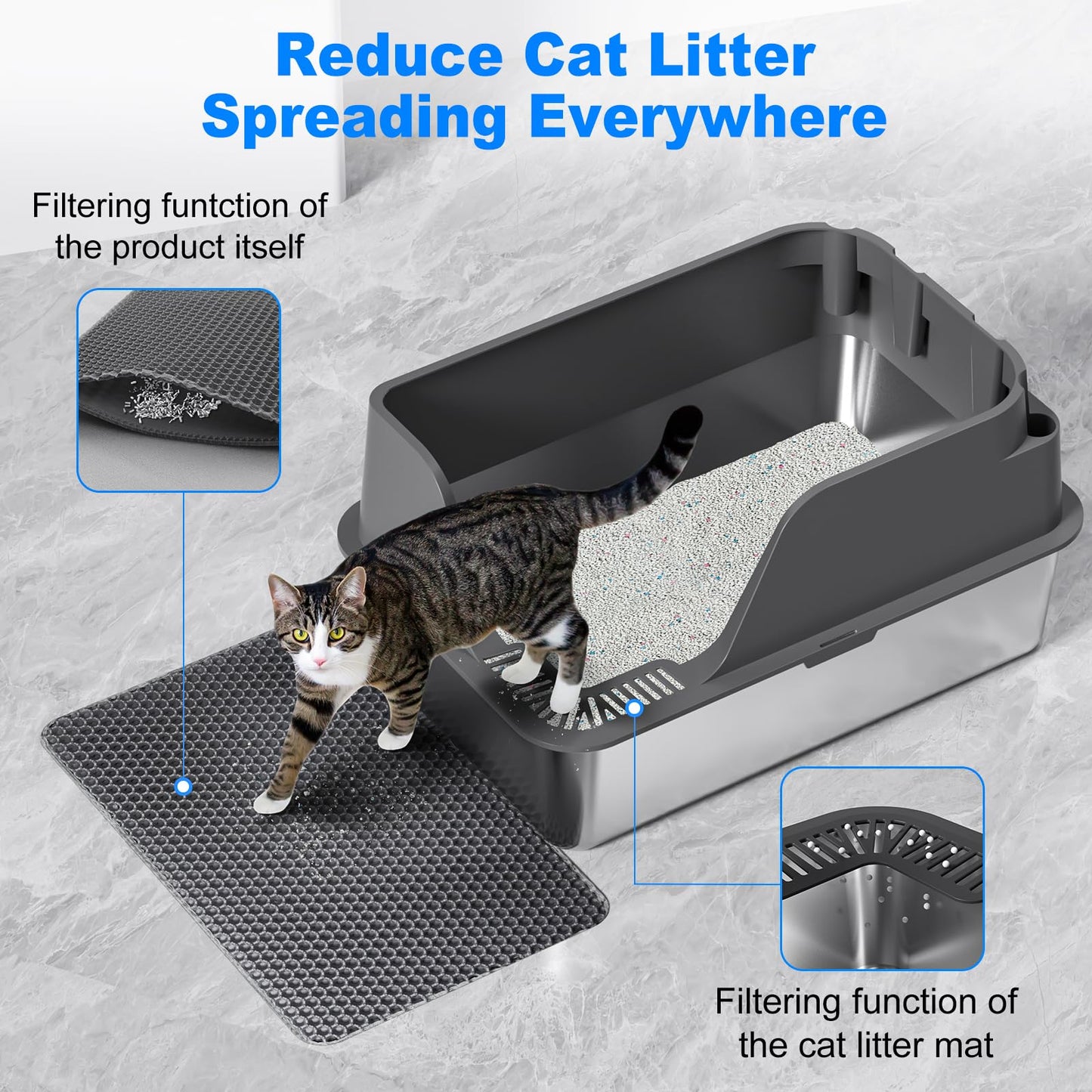 Stainless Steel Cat Litter Box with Lid, XL Litter Box for Big Cats, High Sided Metal Pan, Anti Leakage,Odor-Free & Easy Cleaning,Included Scoop &Trash Bag*2 & Mat & Sticker (Grey)