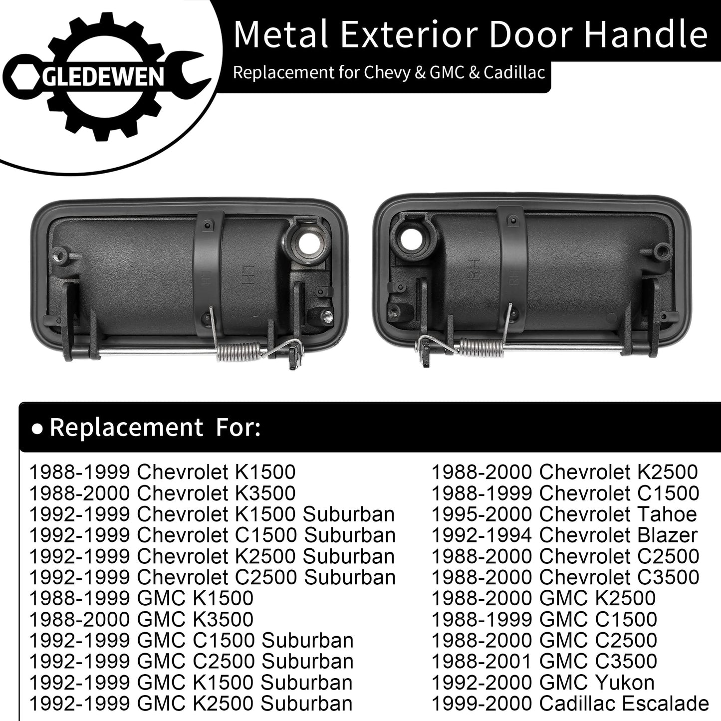 Exterior Door Handle, Outside Front Right & Left Side, All Metal, Compatible with 1988-2001 Chevy GMC K1500 K2500 K3500, C1500 C2500 C3500 Suburban, Tahoe, Yukon, Cadillac Escalade 15742229, 15742230
