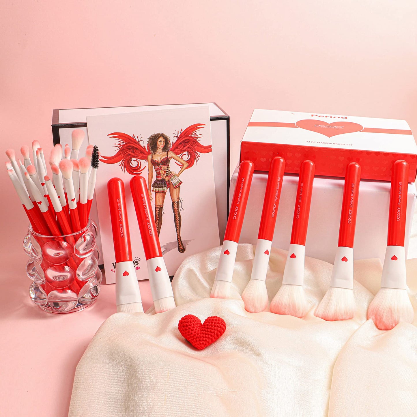 Docolor Makeup Brushes 32Pcs Professional Makeup Brush Set Premium Gifts for Lover Kabuki Foundation Blending Face Powder Blush Contour Eye Shadows Eyebrow Eyeliner Make Up Brushes Tools Kit Rose Red