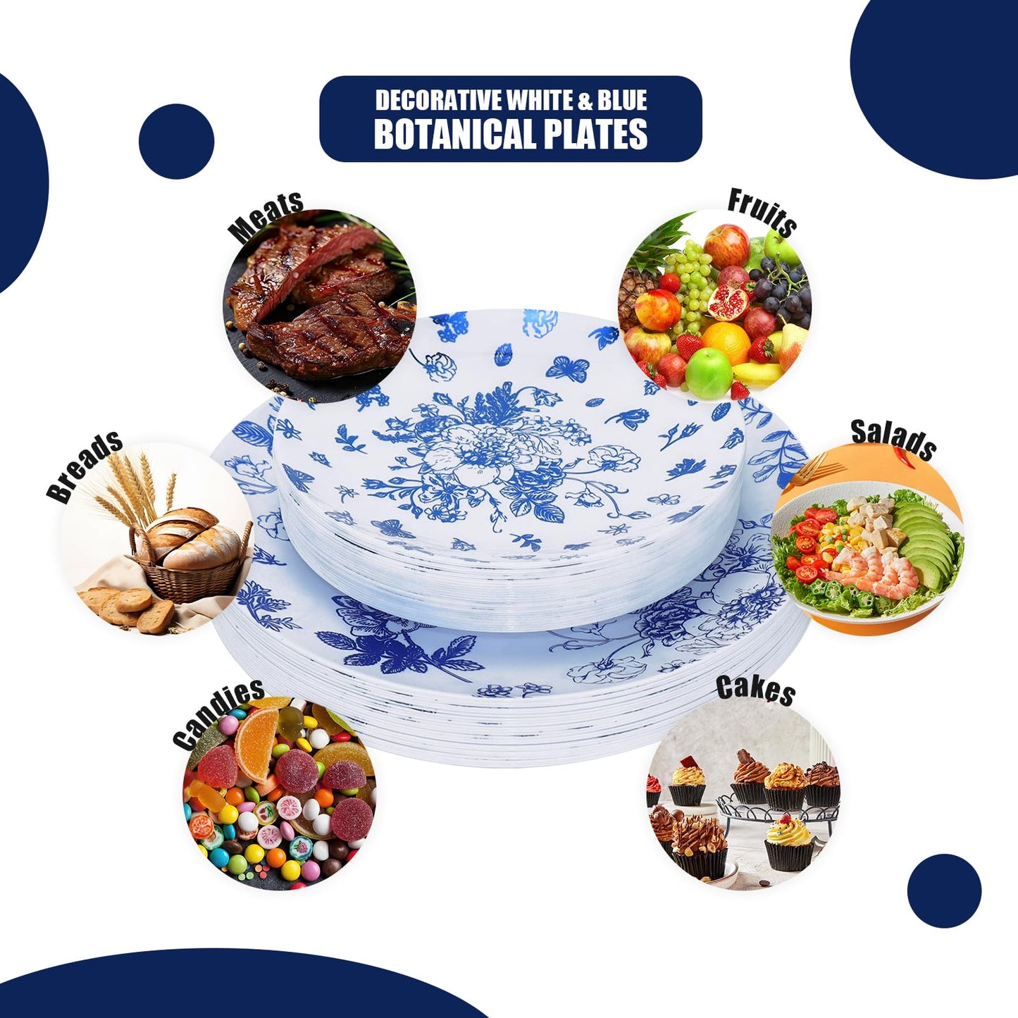 100 Pcs Blue and White Floral Plastic Plates, Include 50 Dinner Plate 10.25" 50 Dessert Plate 7.5" Vintage Flower Disposable Plate for Weeding Bridal and Baby Shower Birthday Party Supplies