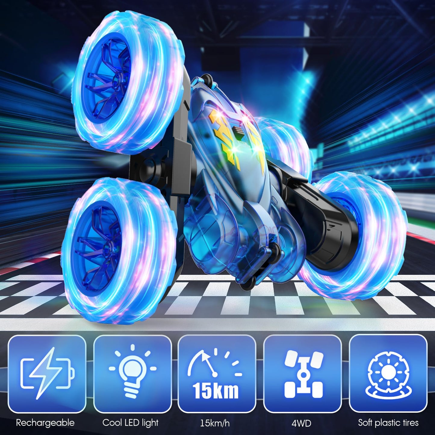 Remote Control Cars,Stunt RC Car Toy for Kids Ages 6-12,Fast USB-C Easy Charging,4WD Rechargeable RC Truck with Colorful Lights,2.4GHz Double-Sided 360° Rotating Birthday Gifts for Boys Girls(Blue)