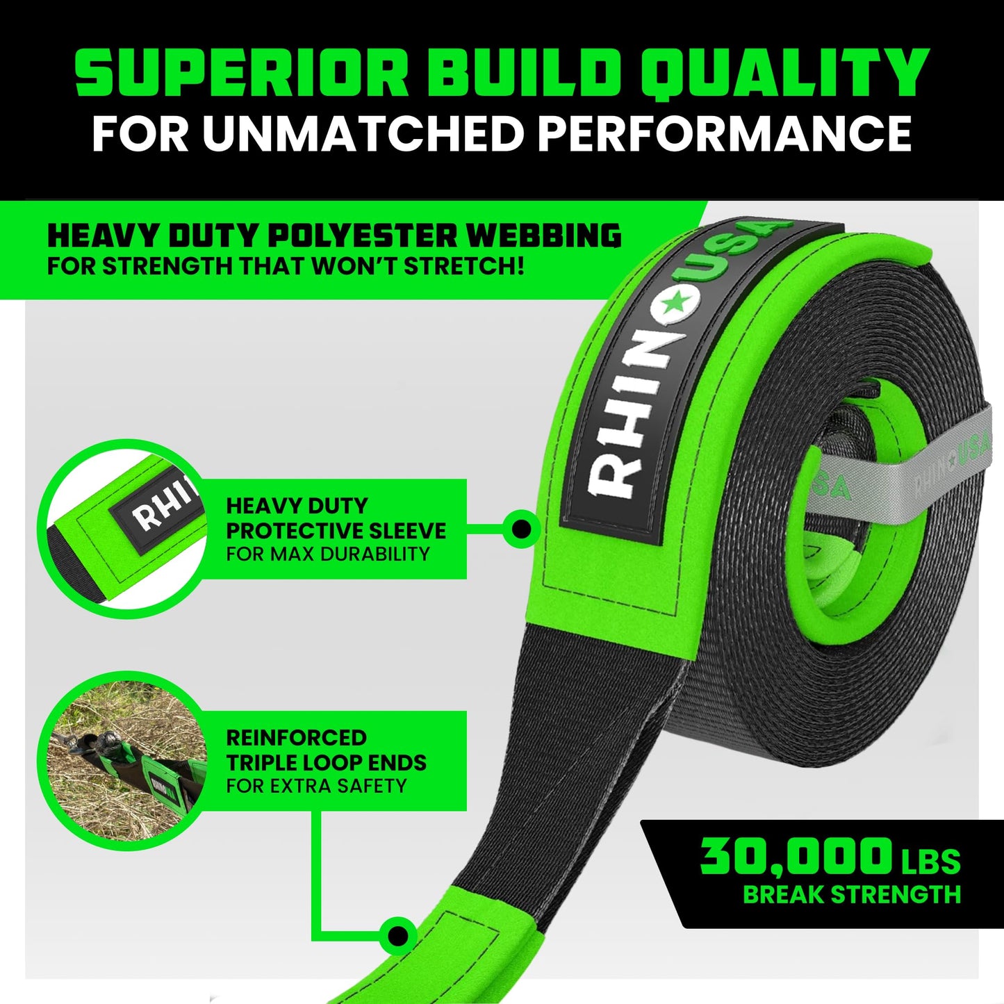 Rhino USA Tree Saver Tow Strap (3" x 8') - 31,518lb Break Strength - Emergency Recovery Strap Winch Extension for Truck, UTV, ATV & More - Heavy Duty Straps Compatible with Jeep, Ford, Toyota (Black)