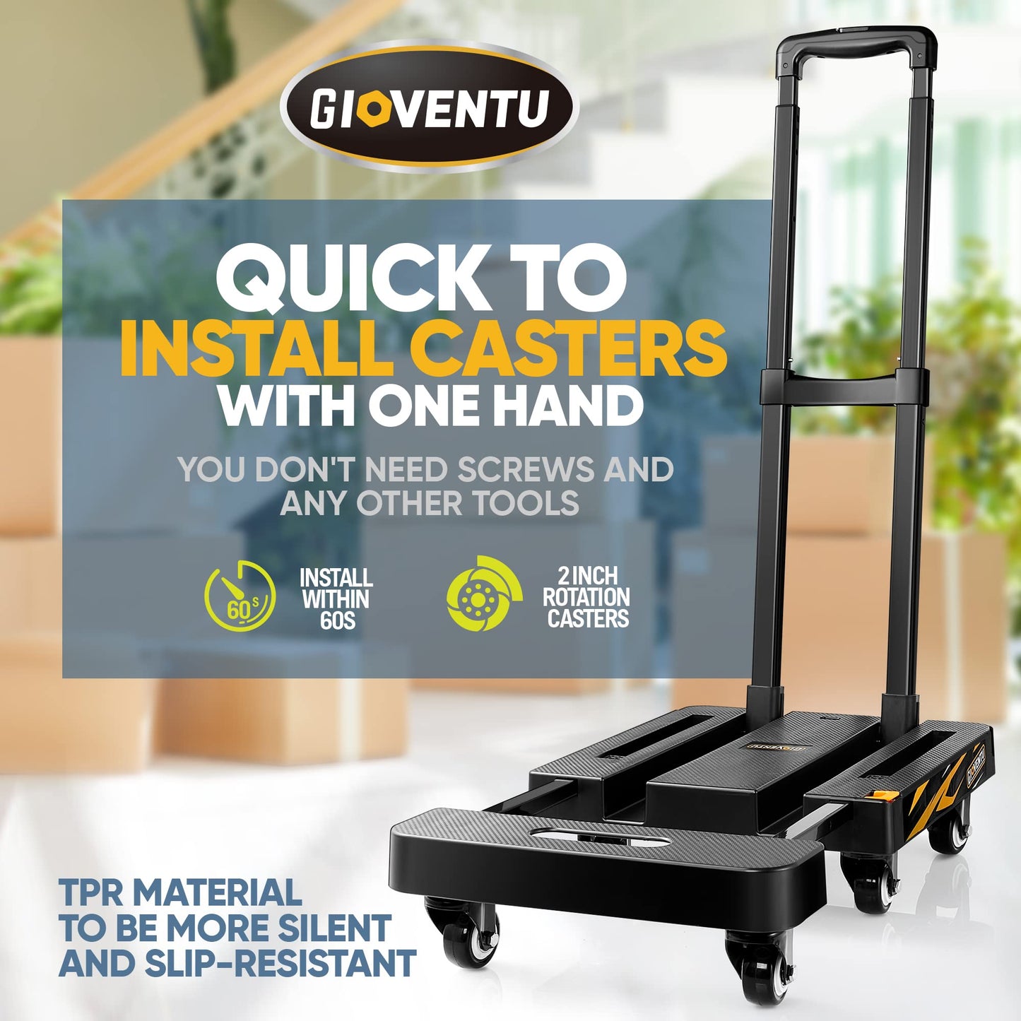 2026 Upgraded Folding Hand Truck Dolly Cart (440LB), Foldable Luggage Cart with 6 TPR Wheels and Lockable Handle, Portable Platform Truck Collapsible Dolly for Moving, Travel, Office Use