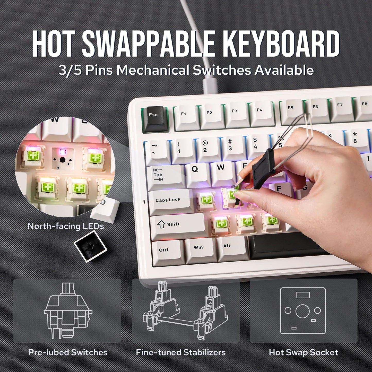 EPOMAKER x Aula F99 Wireless Mechanical Keyboard, Hot Swappable Gasket Custom Gaming Keyboard with Five-Layer Padding, Bluetooth/2.4GHz/USB-C, 8000mAh Battery (White Grey, Graywood V3 Switch)