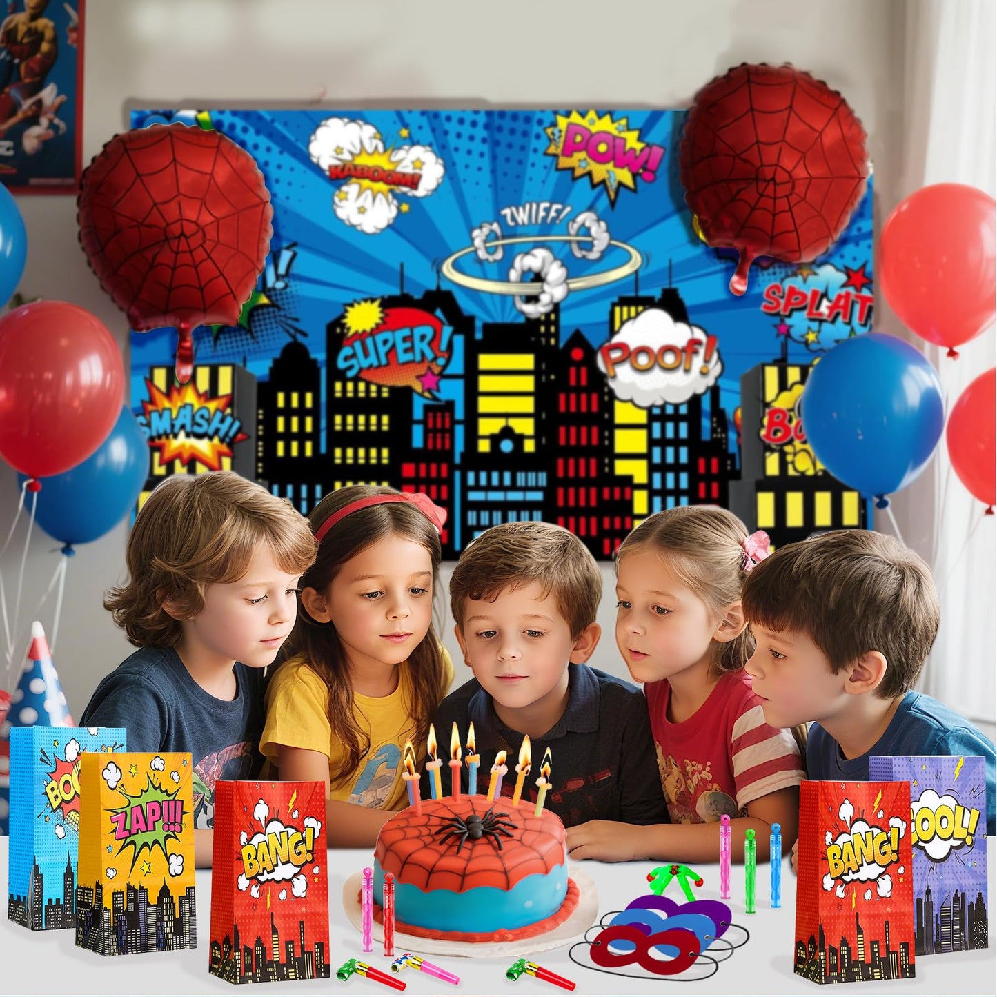 158Pcs Hero Party Favors - 12 Guests Set, with Goodie Bag Mask Straw Slap Bracelets Keychain Party Blowers Stickers Sticky hands for Birthday Decorations & Pinata Fillers