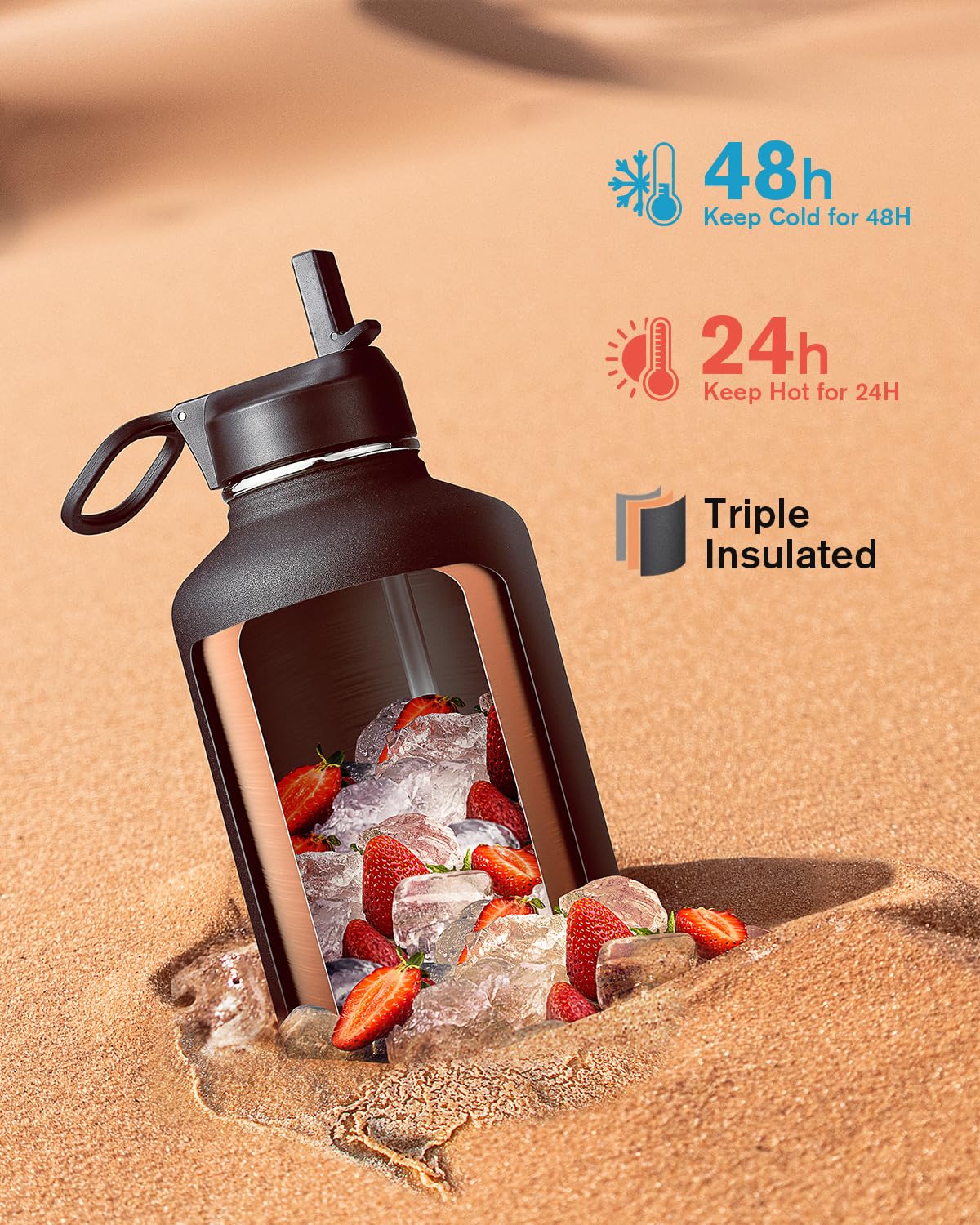 Water Bottle Insulated 64 oz with Straw & 3 Lids, Coolflask Large Metal Stainless Steel Water Jug Big Half Gallon Wide Mouth for Sports, Gym or Office, BPA-Free Keep Cold 48H Hot 24H, Magic Black