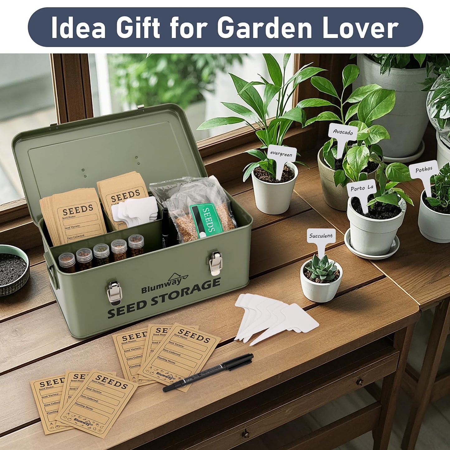 BlumWay Seed Storage Organizer, Metal Seed Saving Box with Lid, Seed Storage Container with Safety Locks, 4 Compartments Seed Packet Organizer, Garden Seed Bin for Plants Flower- Green