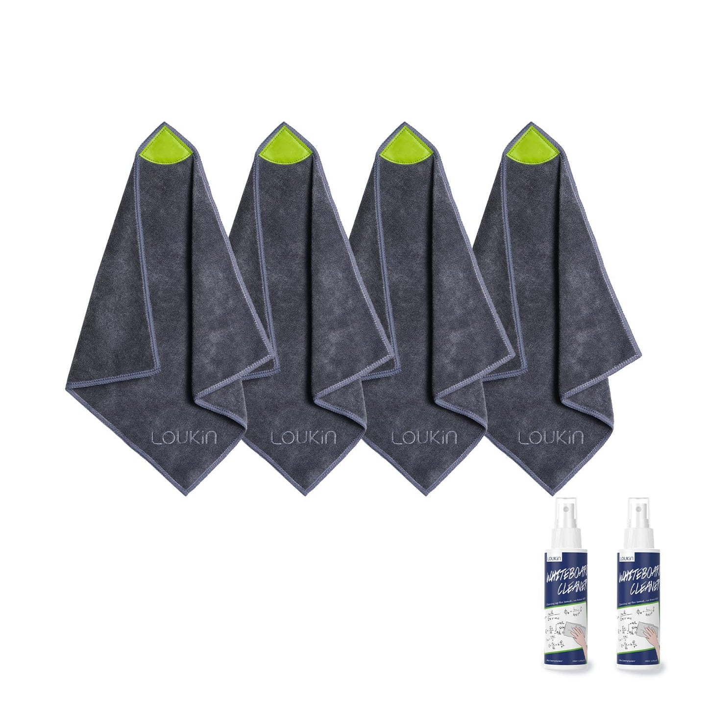 loukin 4 Pack Magnetic Cleaning Cloth, Microfiber Dry Erase Eraser, Washable Whiteboard Cleaning Cloth for Classroom, Home and Office, Gray, 12" x 12" - 3.4 fl oz Whiteboard Cleaner x 2 Included