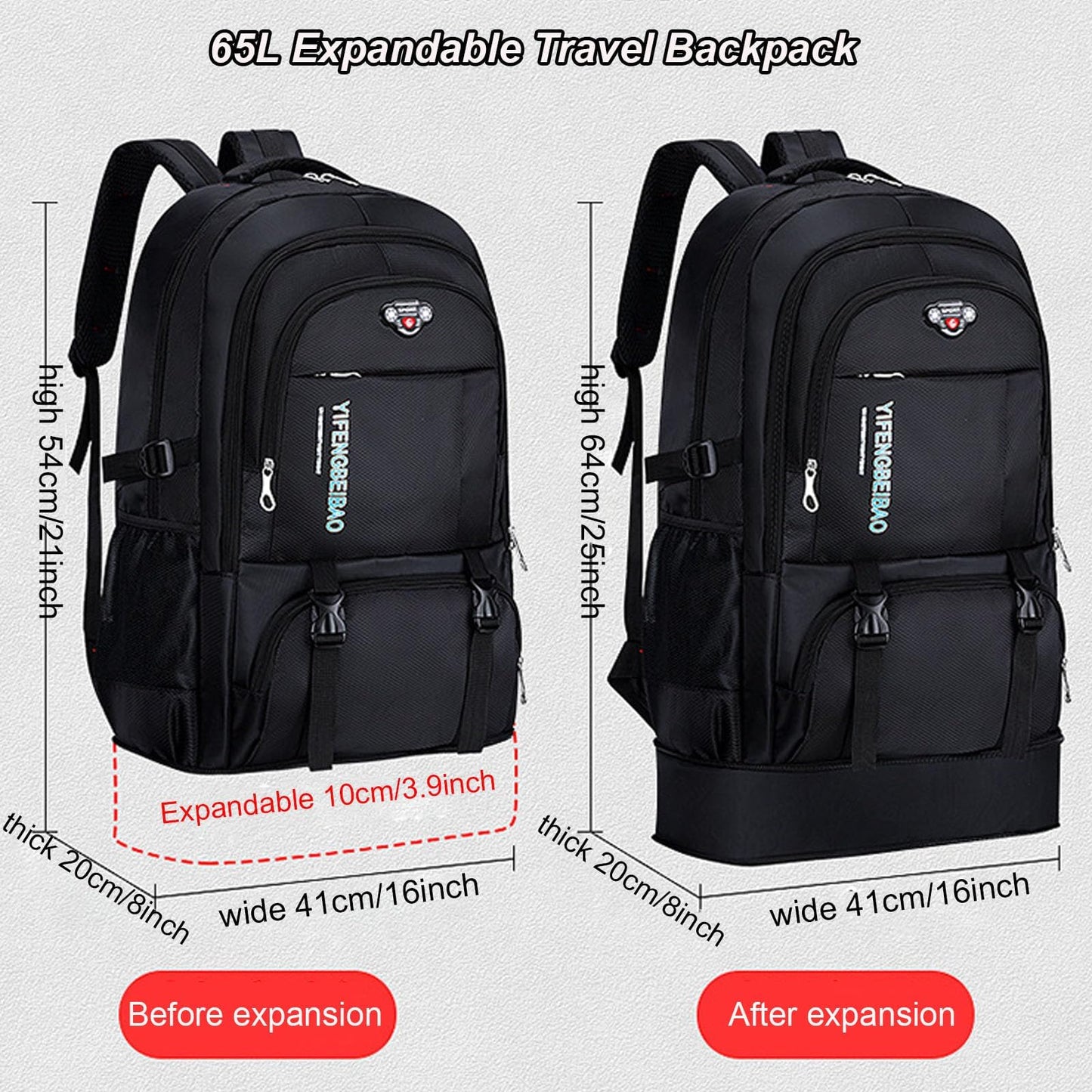 Large 65L Expandable Travel Backpack for Men/Women,Carry on Backpack Personal Item Travel Bag Waterproof Laptop Backpack(Black)
