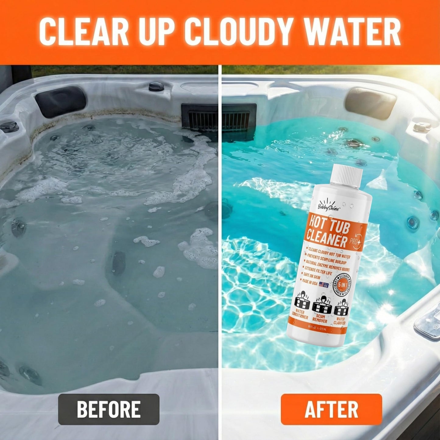 BubbyShine, 5in1 Weekly Hot Tub Cleaner - Spa Clarifier, Natural Enzyme, Conditioner, Scum Absorber, Inflatable Tub Chemicals Starter Kit, Spa Chemicals Cleaner (16 Weeks)