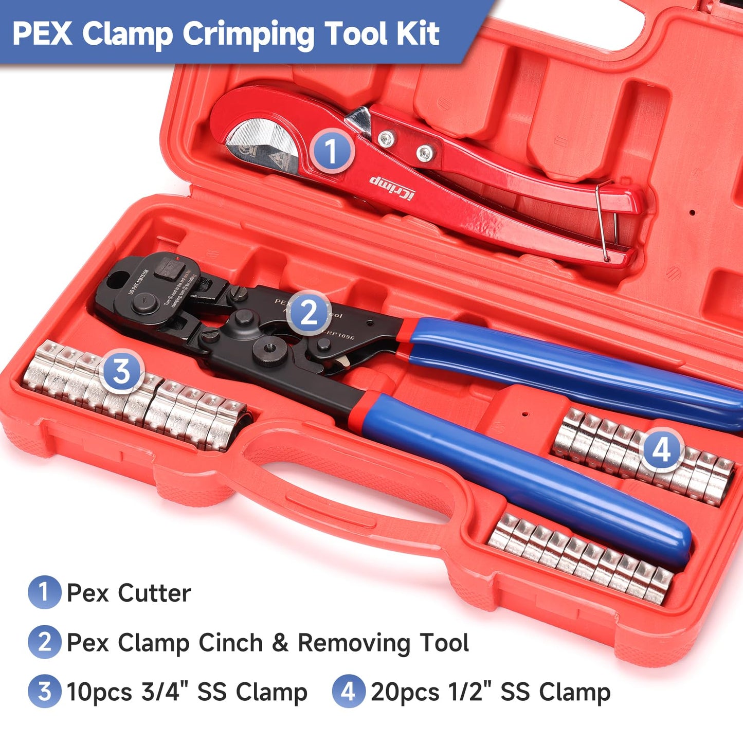 iCrimp Ratchet PEX Cinch Tool with Removing Function for 3/8-in, 1/2-in, 3/4-in, 1-in PEX Stainless Steel Clamp, with 20PCS 1/2-inch and 10PCS 3/4-inch PEX Clamps and Pipe Cutter- All in One