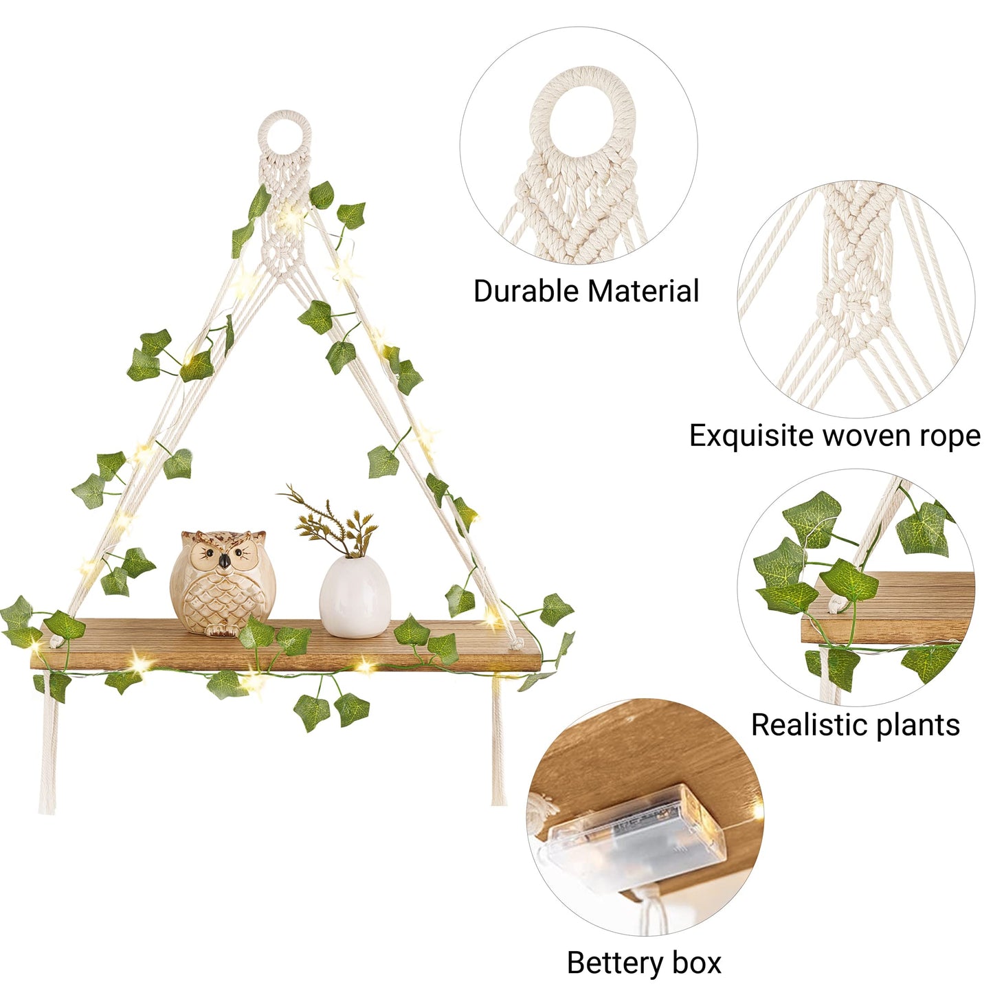 Mkono Artificial Ivy Macrame Hanging Shelves with Lights Set of 2 Boho Wall Decor Display Plants Photos Wood Floating Storage Shelf for Bedroom Bathroom Living Room Nursery Dorm Kitchen, White