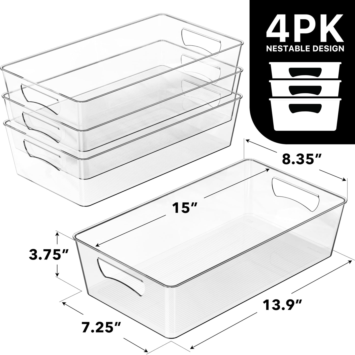Simple Houseware Clear Storage Plastic Bin Organizer for Kitchen, 15" x 8.4" x 3.75", XL Size, Set of 4