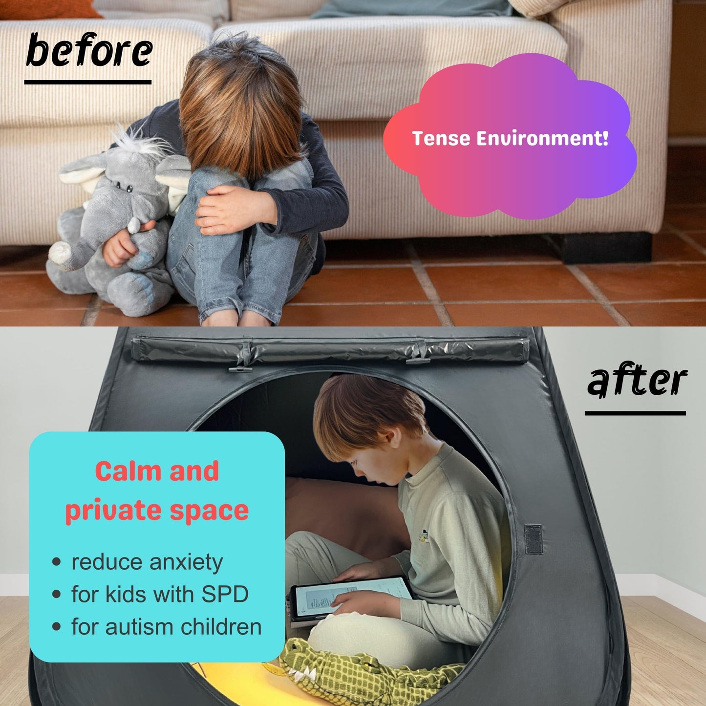 lukidoki Sensory Tent for Kids with Autism - Sensory Calm Corner Helps ADHD, SPD Children Relax, Reduce Anxiety - Portable Pop-up Blackout Hideout Play Tent Toys Add Windows